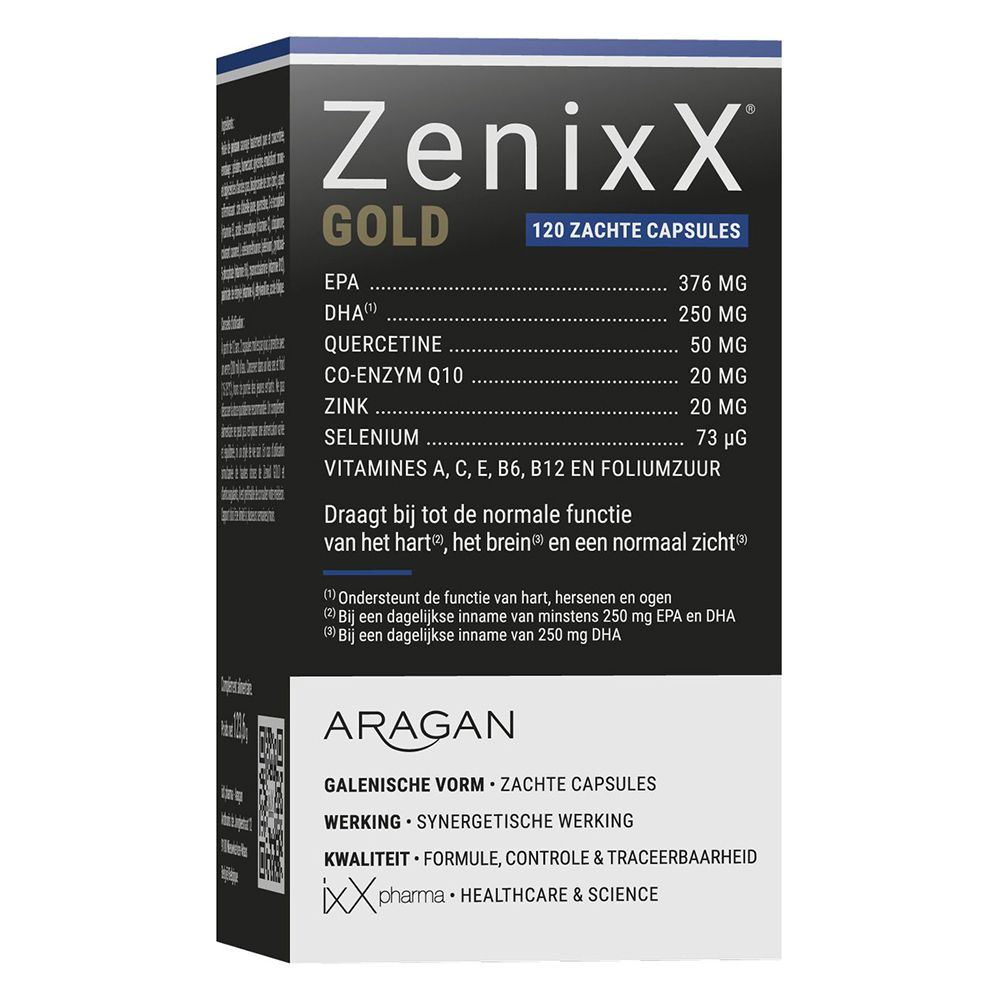 Verpakking. Opschrift: ZenixX Gold, 120 Zachte Capsules. Ingrediënten en informatie.