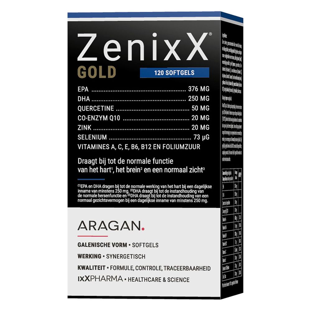 Verpakking. Opschrift: ZenixX Gold, 120 Softgels. Ingrediënten en informatie.