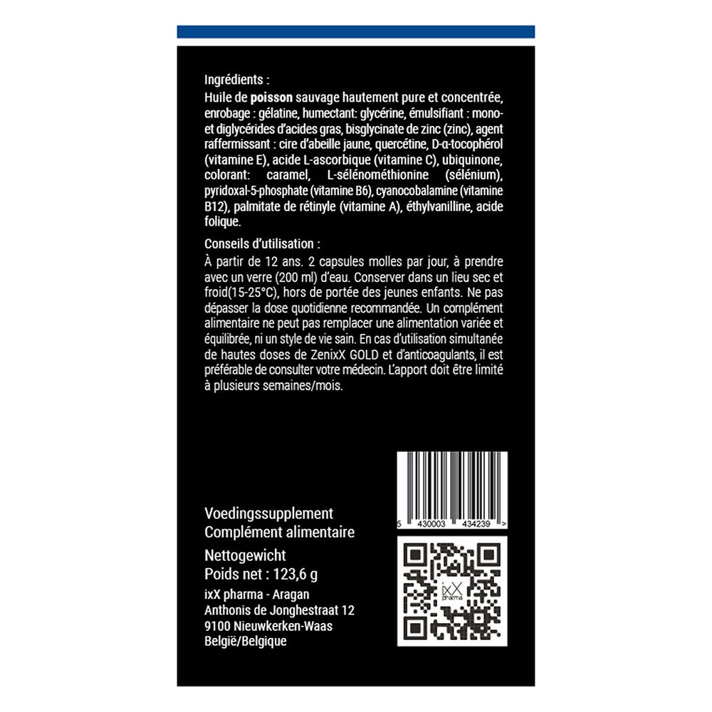 Emballage. Inscription: ZenixX Gold, 120 Capsules molles. Ingrédients et informations.