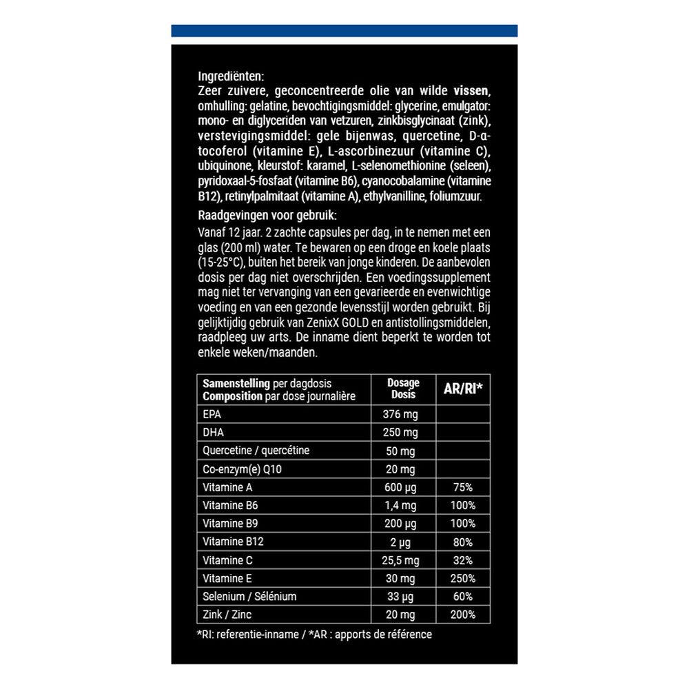 Verpakking. Opschrift: ZenixX Gold, 120 Softgels. Ingrediënten en informatie.