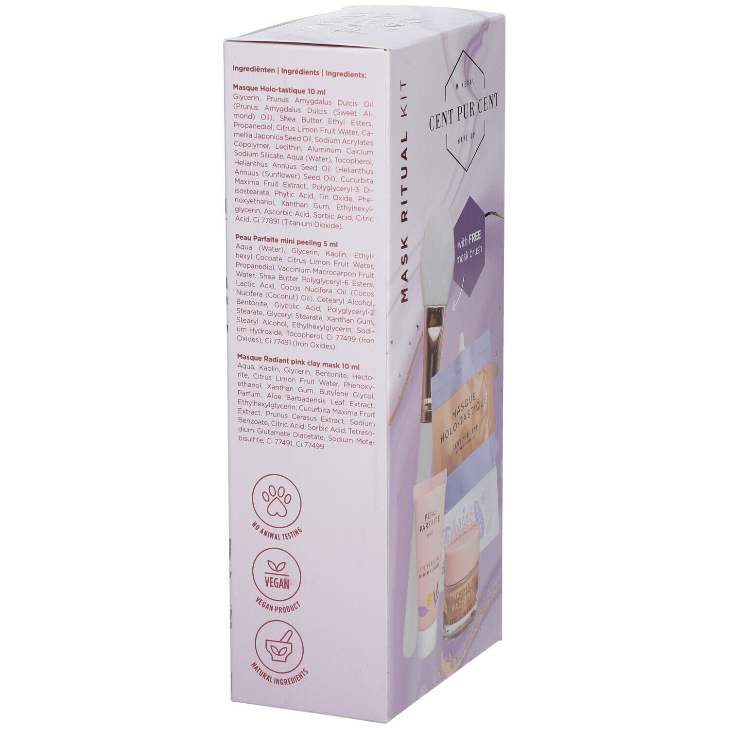 Zijaanzicht van de geschenkverpakking met ingrediëntenlijst en logo's. Bevat informatie over ingrediënten, veganistische en dierproefvrije keurmerken.