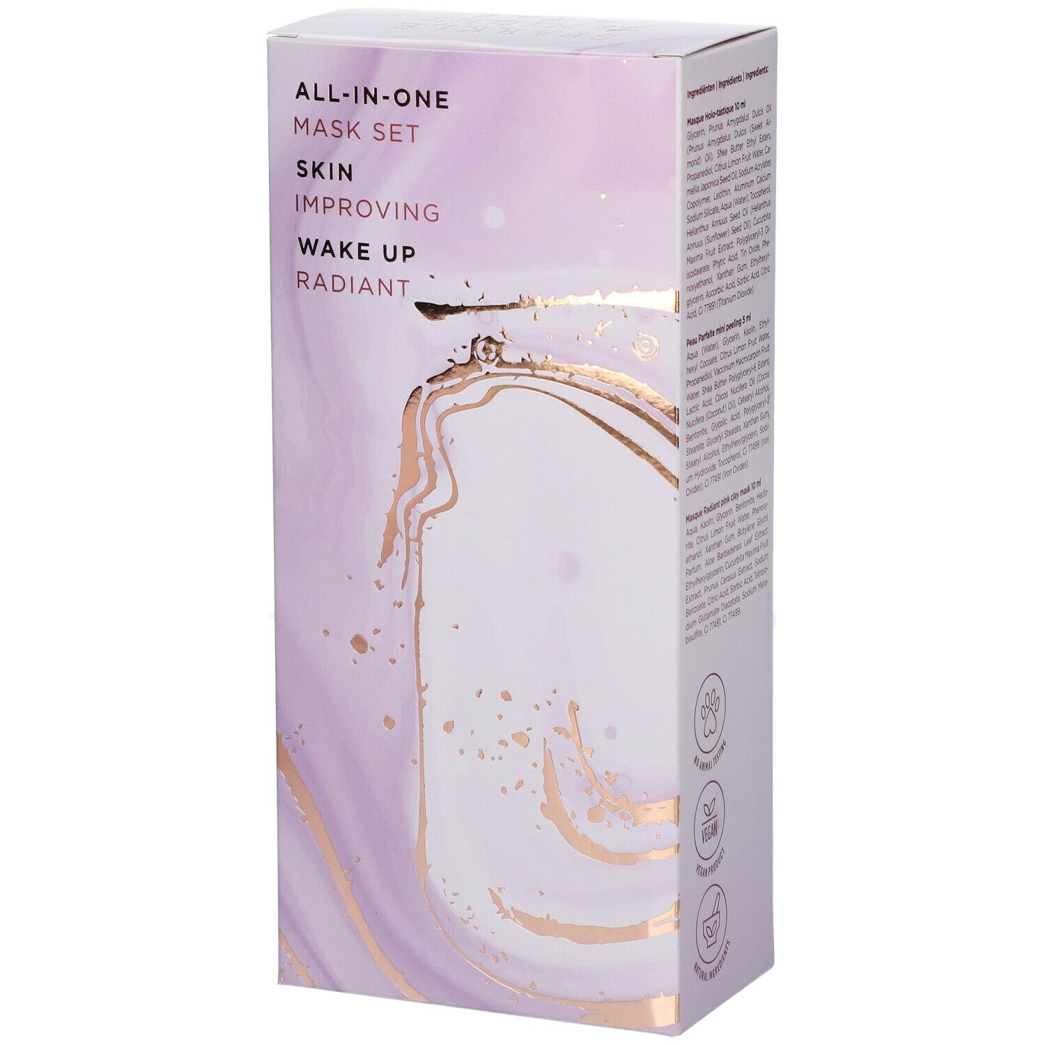 Geschenkverpakking met productnaam en logo. Opschrift: ALL-IN-ONE MASK SET. Huidverbetering, wakker worden, stralend.