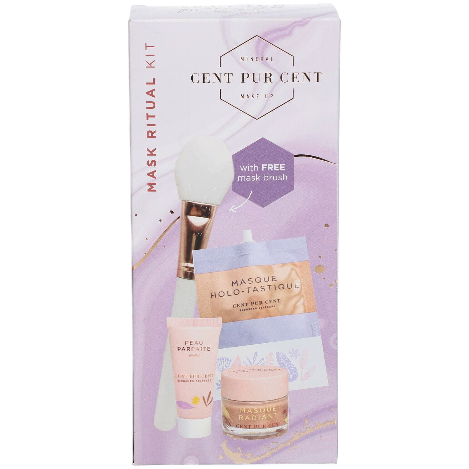 Geschenkset met maskers, borstel en crèmes. Verpakking met productnaam en logo. Bevat een masker, een crème, een tube en een borstel.