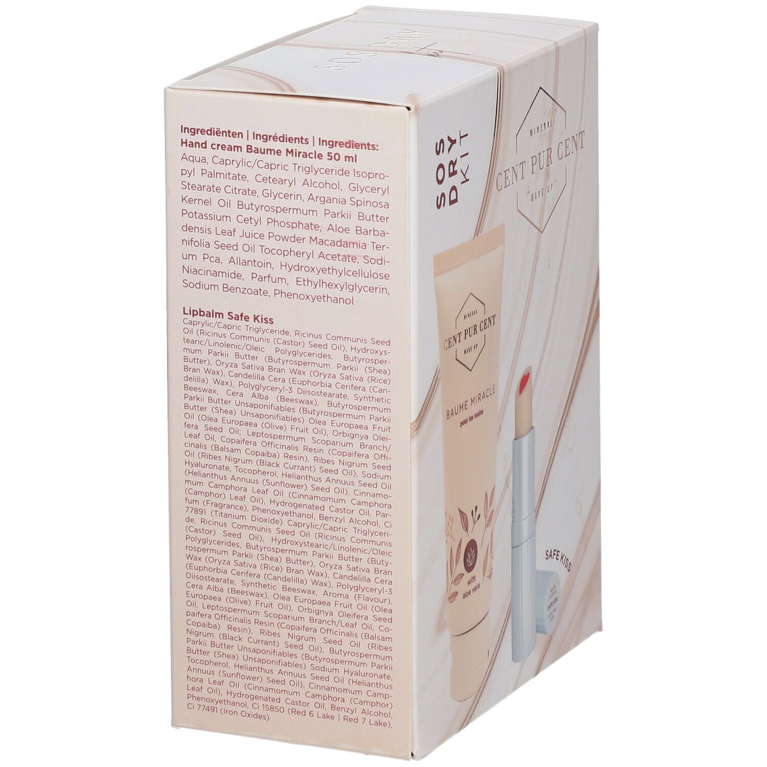 Dos de l'emballage du kit SOS Dry. Liste des ingrédients de la crème pour les mains et du baume à lèvres. Nom et logo du produit.