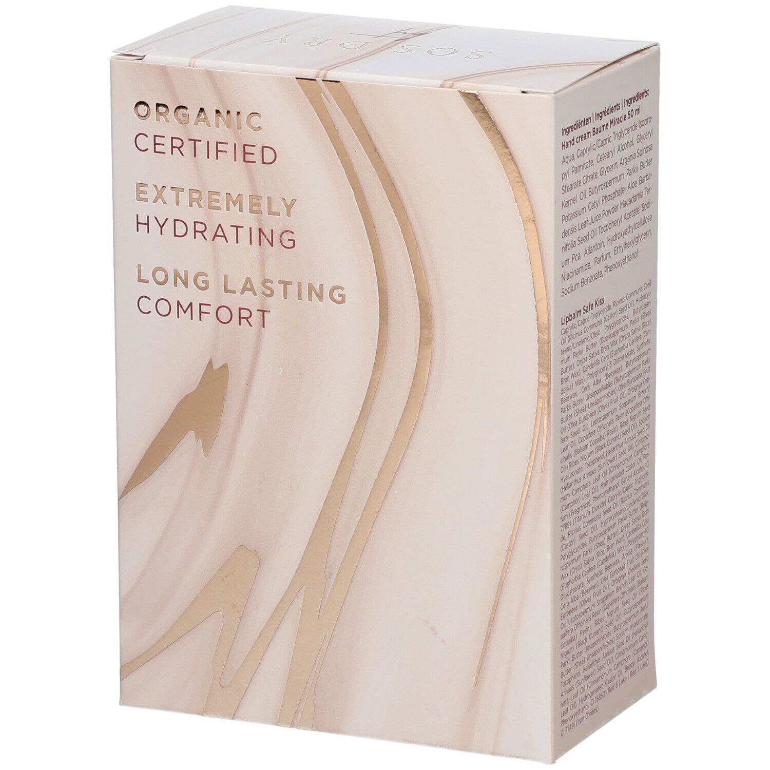 Emballage du kit SOS Dry. Inscription 'Organic Certified', 'Extremely Hydrating', 'Long Lasting Comfort'. Coloris beige-brun.