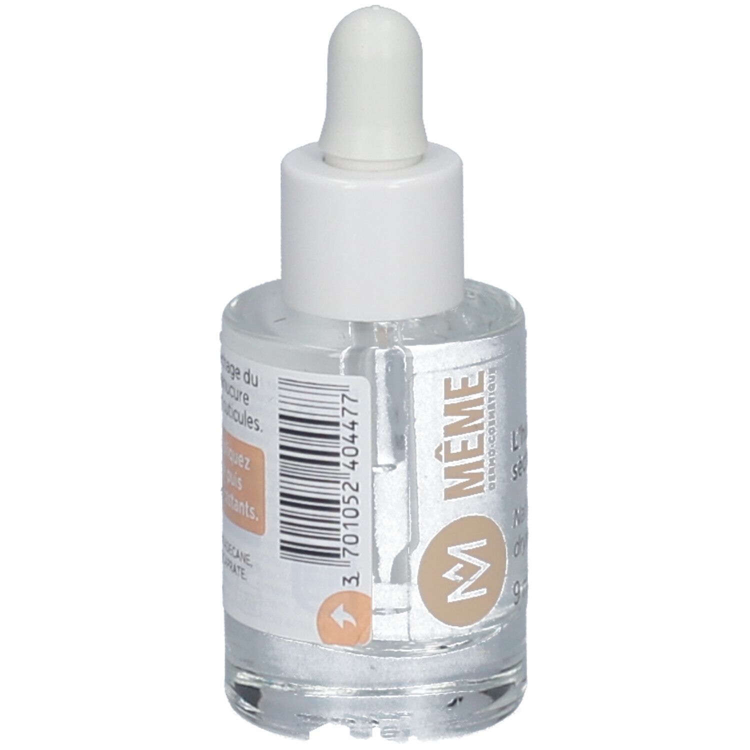 Klare Glasflasche mit weißem Verschluss und Pipette. Aufkleber mit Produktinformationen und Logo. Aufschrift: MEME.