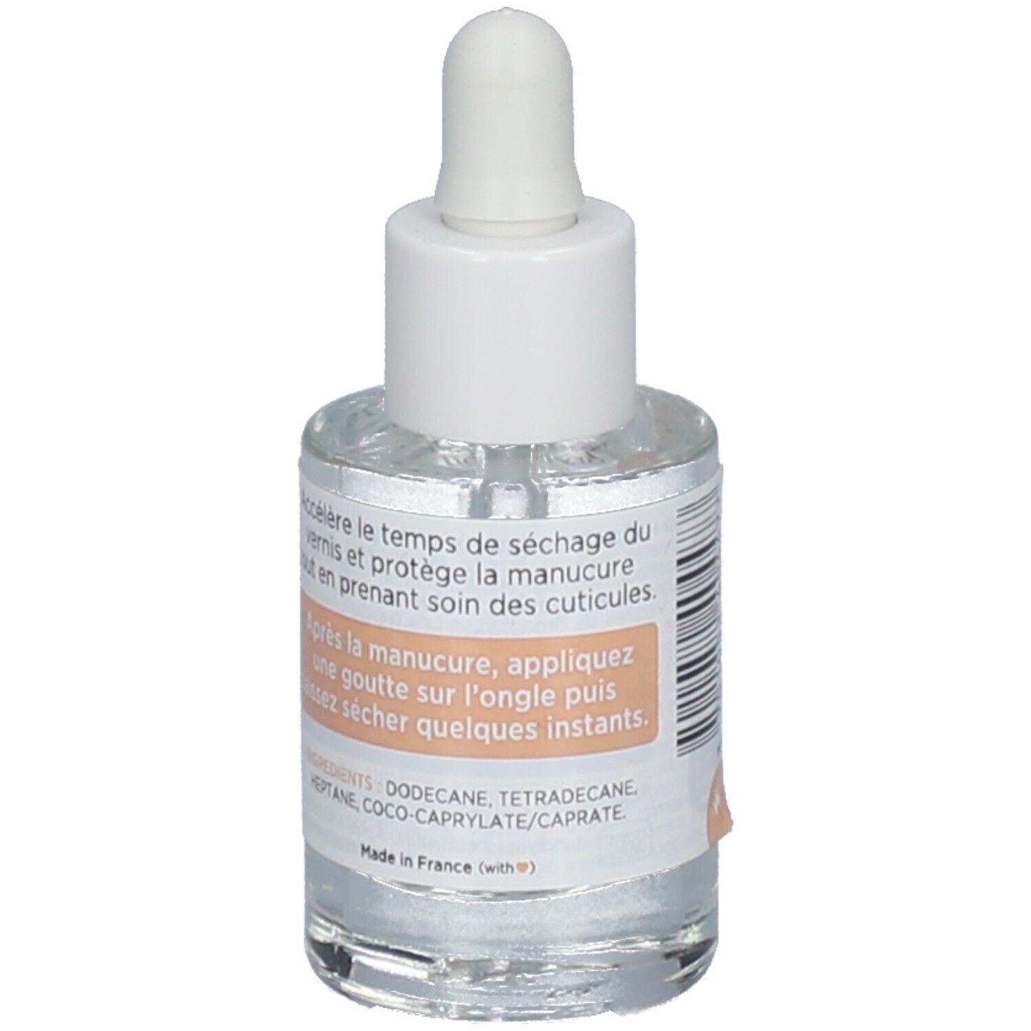 Klare Glasflasche mit weißem Verschluss und Pipette. Rückseite mit Produktinformationen. Aufschrift: Inhaltsstoffe, Made in France.