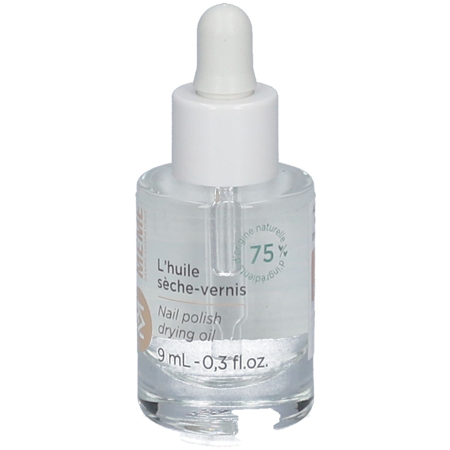 Klare Glasflasche mit weißem Verschluss und Pipette. Beschriftung: L'huile sèche-vernis, Nail polish drying oil, 9 ml - 0,3 fl.oz.