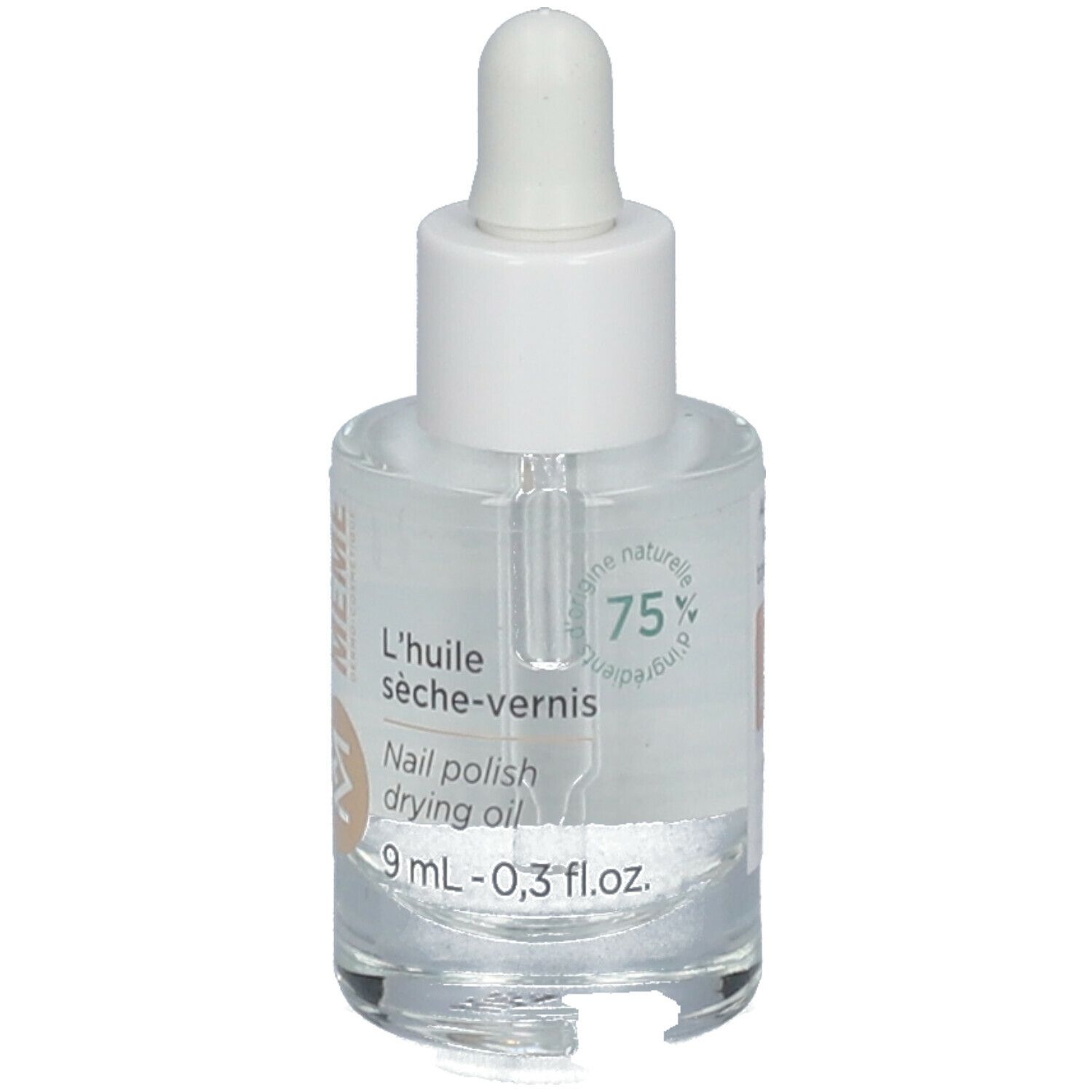 Klare Glasflasche mit weißem Verschluss und Pipette. Beschriftung: L'huile sèche-vernis, Nail polish drying oil, 9 ml - 0,3 fl.oz.
