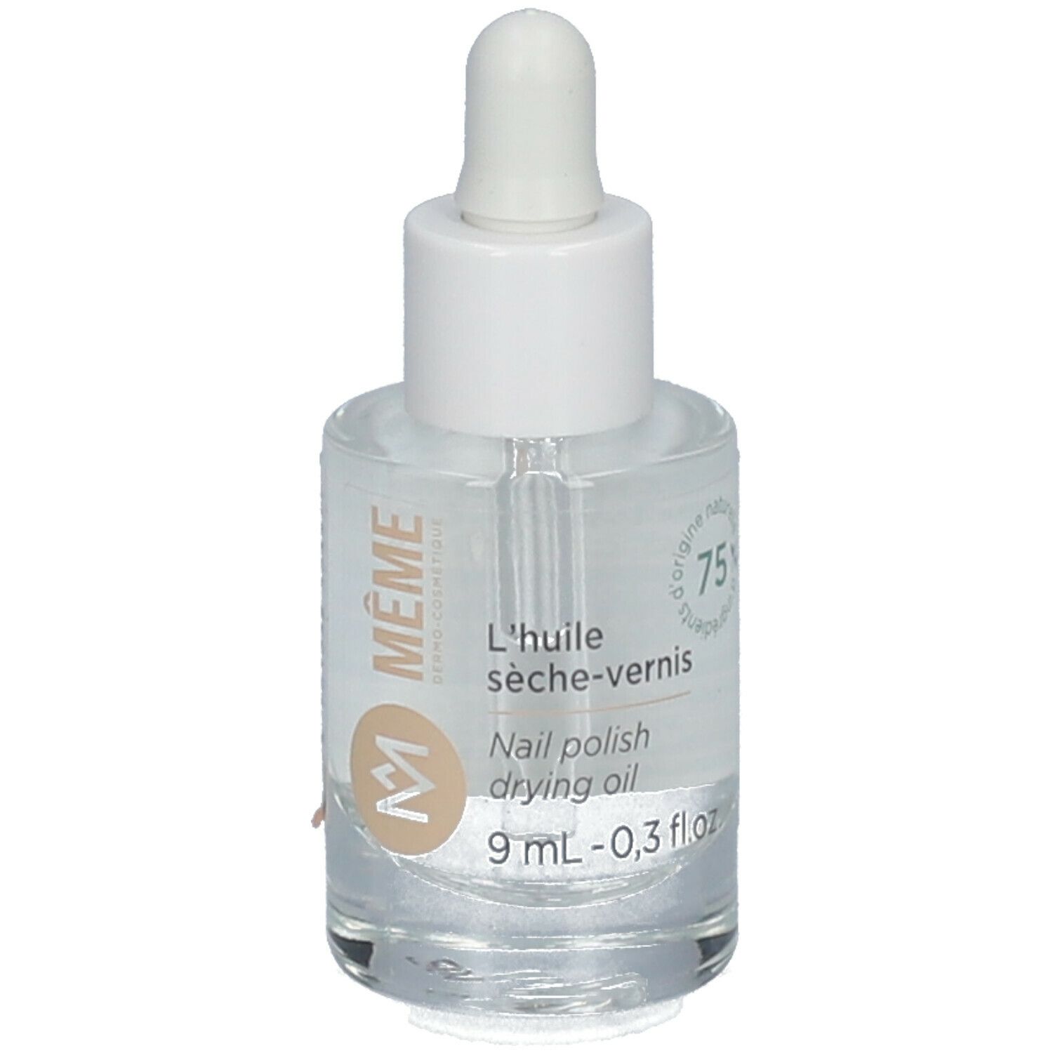 Klare Glasflasche mit weißem Verschluss und Pipette. Rückseite mit Produktinformationen. Aufschrift: Inhaltsstoffe, Made in France.