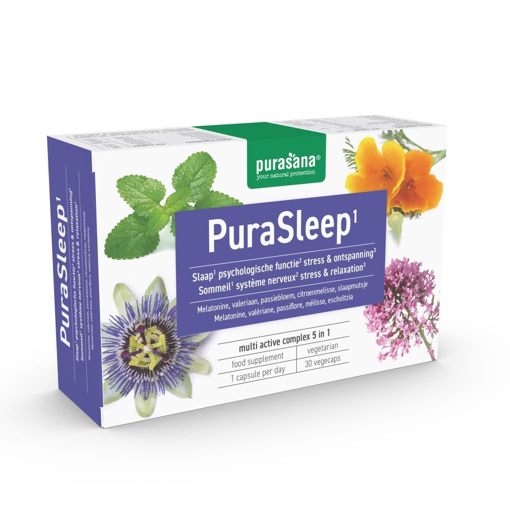 Boîte Purasana PuraSleep. Texte bleu, nom du produit et illustrations florales. Contient 30 gélules végétales.