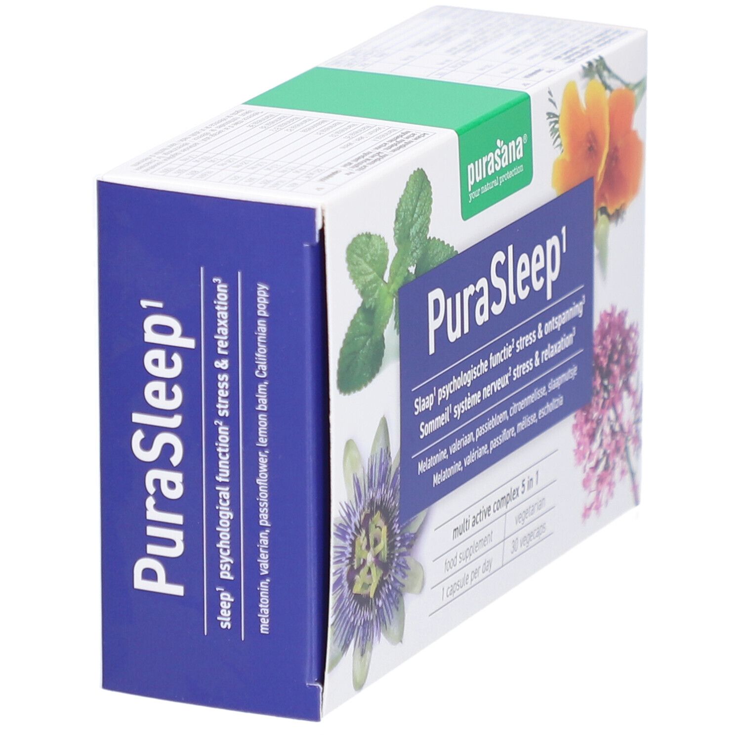 Vue latérale de la boîte Purasana PuraSleep. Texte bleu, nom du produit et illustrations florales. Contient 30 gélules végétales.