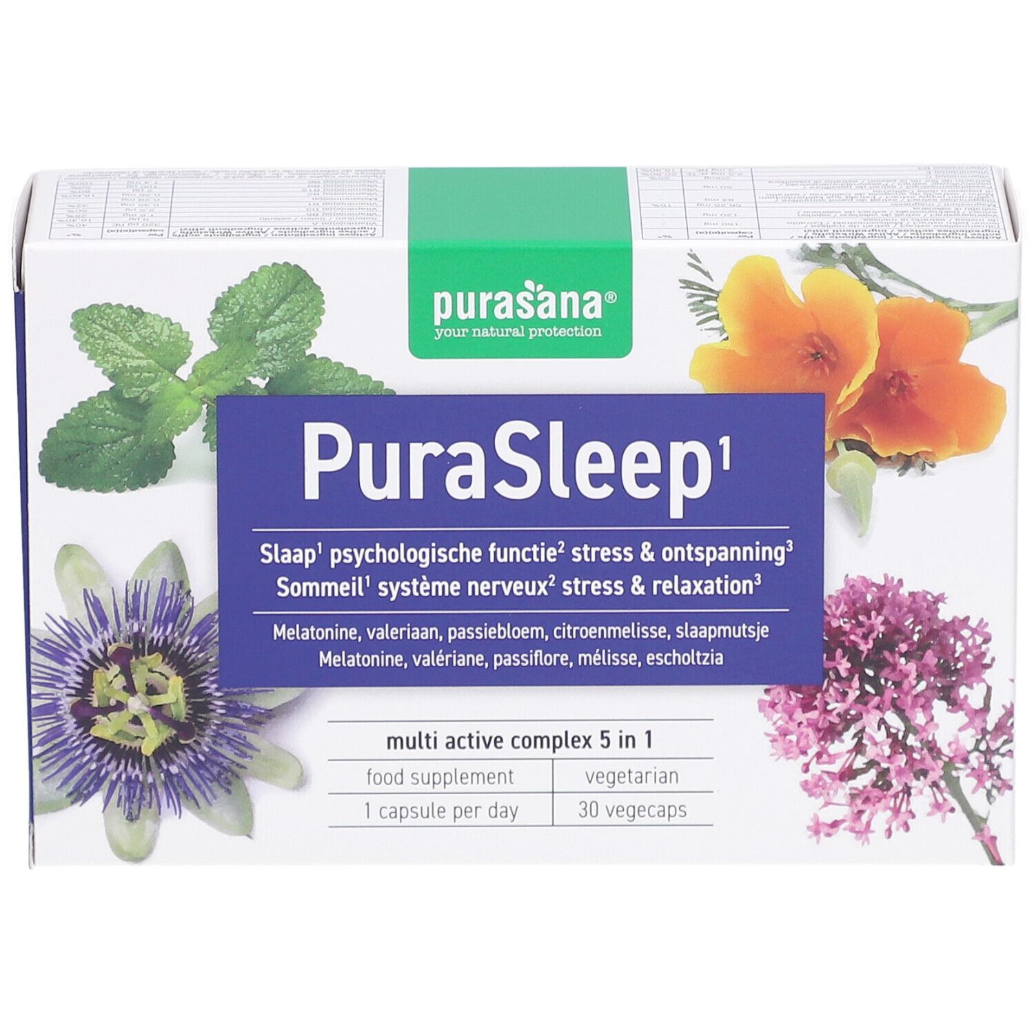 Boîte Purasana PuraSleep. Texte bleu, nom du produit et illustrations florales. Contient 30 gélules végétales.