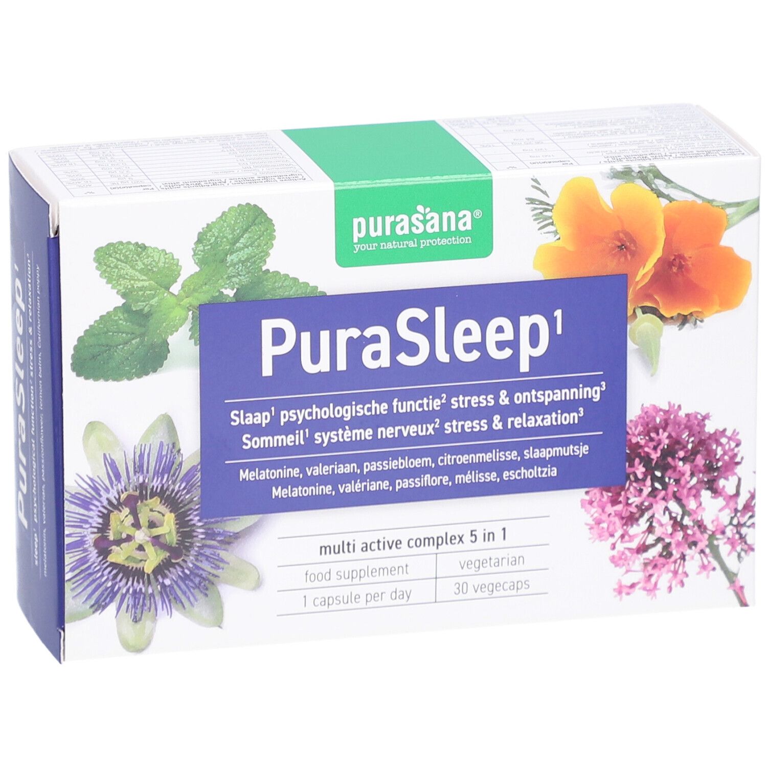 Boîte Purasana PuraSleep. Texte bleu, nom du produit et illustrations florales. Contient 30 gélules végétales.