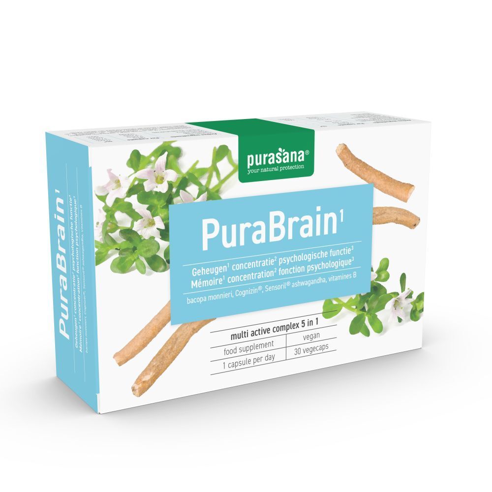 Purasana PuraBrain doos. Blauwe zijkant. 30 vegicaps. Vegan.