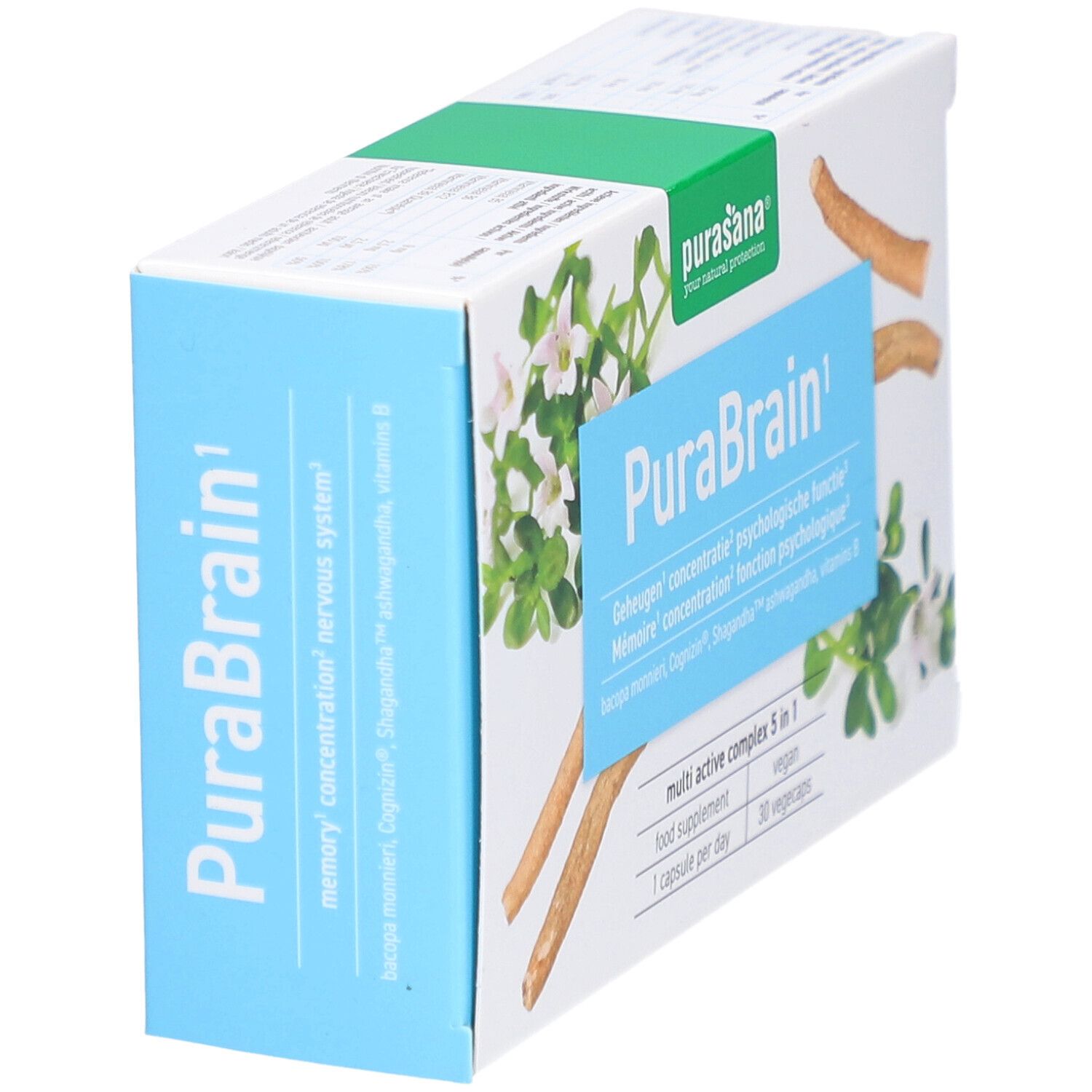 Purasana PuraBrain Packung. Blaue Seite. 30 Vegicaps. Vegan.