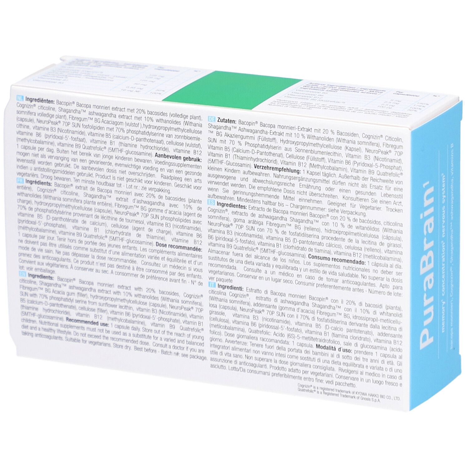 Purasana PuraBrain Packung. Rückseite mit Inhaltsangaben. Text in mehreren Sprachen.