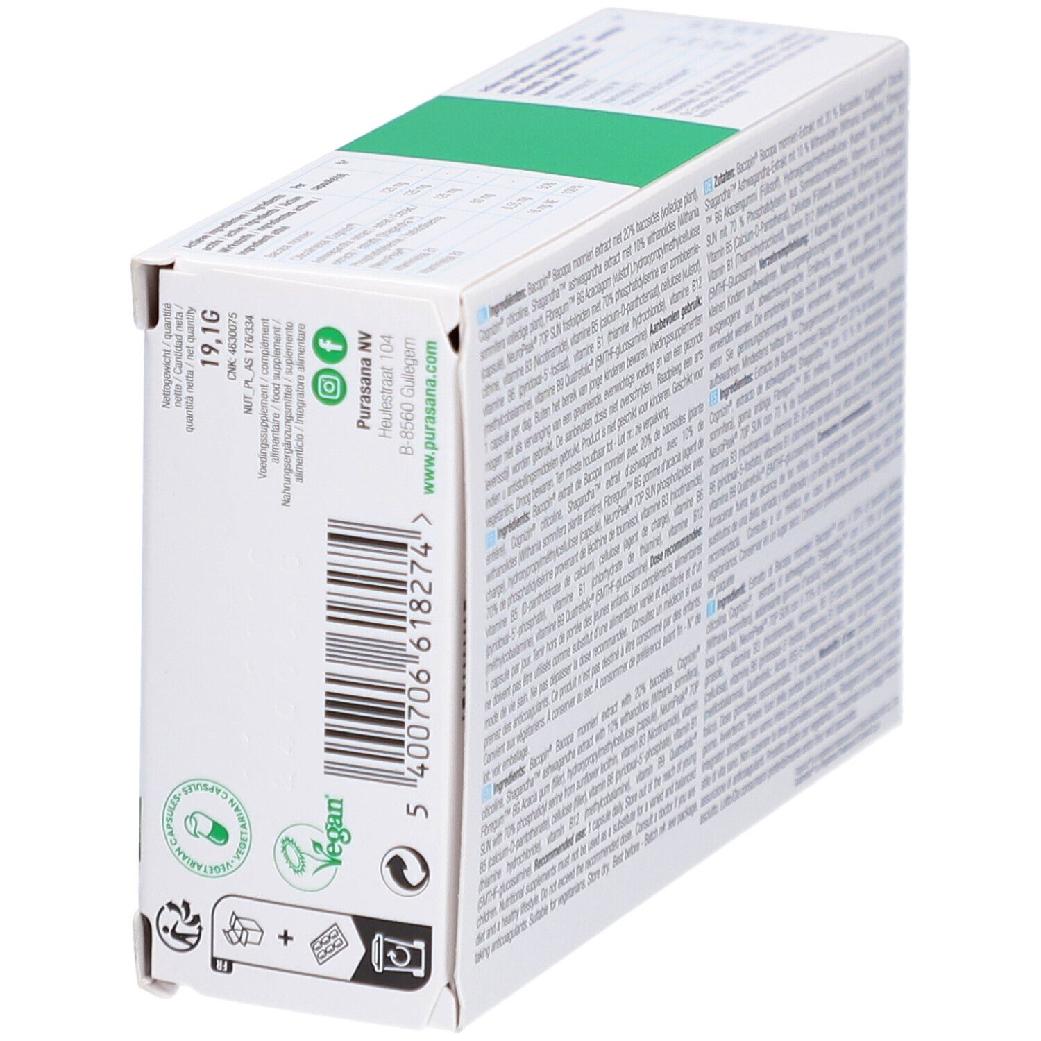 Purasana PuraBrain Packung. Unterseite mit Informationen und Barcode. Vegan-Logo.