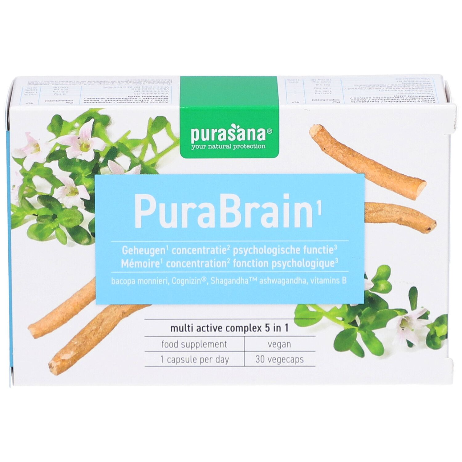 Purasana PuraBrain Packung. Blaue Schrift, grüne Leiste. 30 Vegicaps. Vegan.