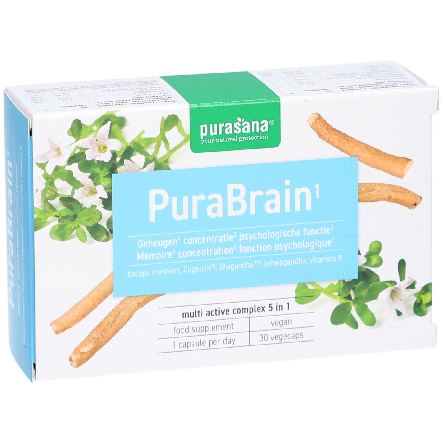 Purasana PuraBrain Packung. Blaue Schrift, grüne Leiste. 30 Vegicaps. Vegan.