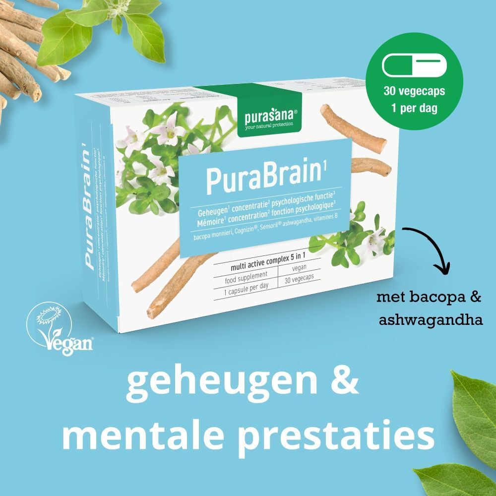 Purasana PuraBrain doos. 30 vegicaps. Vegan. Tekst: geheugen & mentale prestaties.