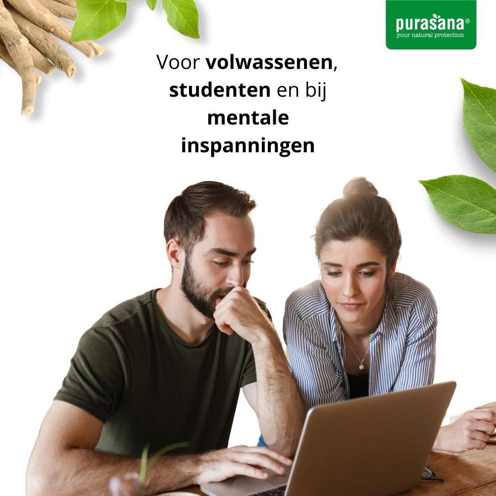 Twee mensen werken op een laptop. Tekst: Voor volwassenen, studenten en bij mentale inspanningen.