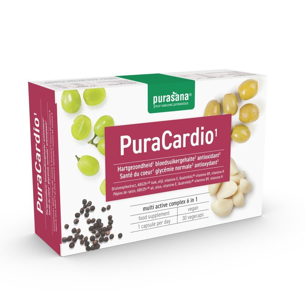 Boîte PuraCardio avec logo, raisins, olives, ail et poivre. 30 gélules, 1 par jour.