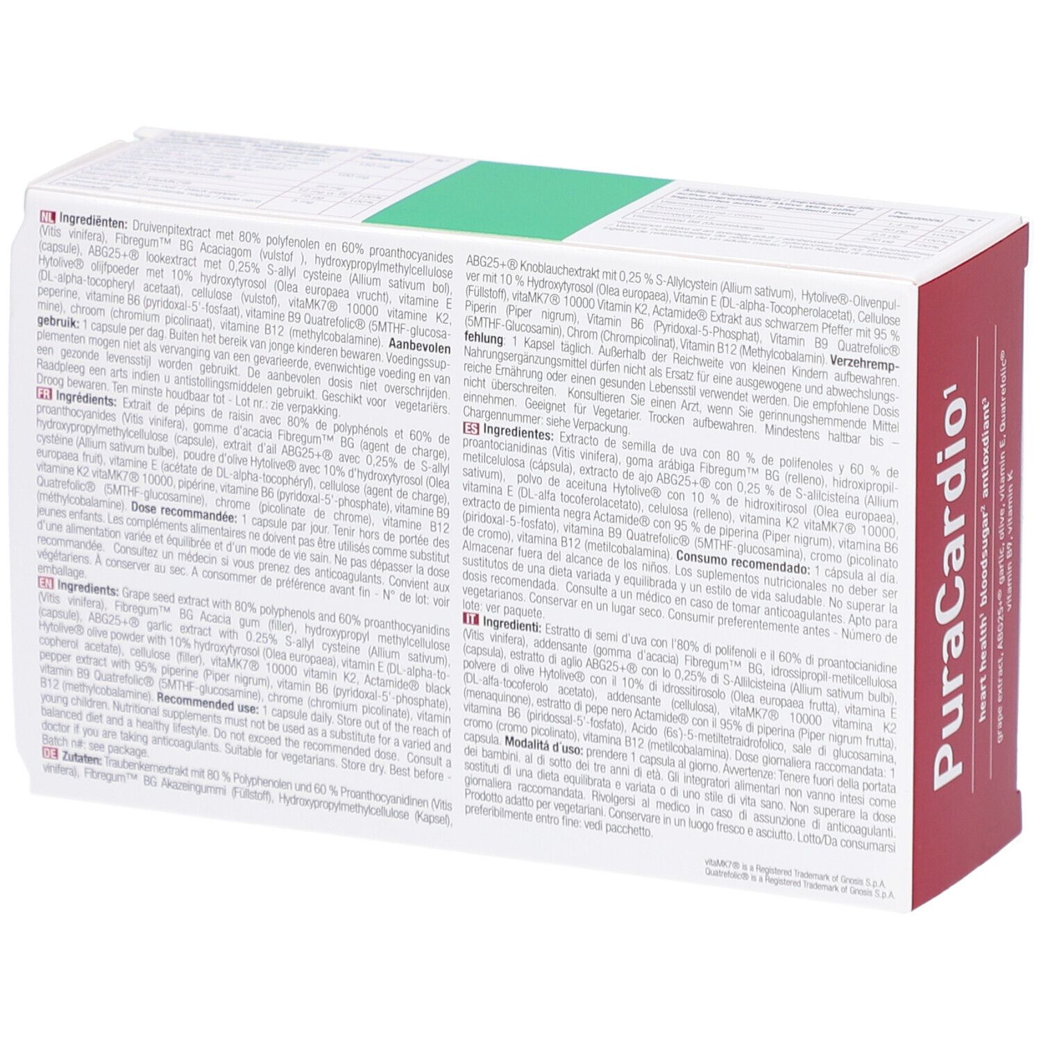 Dos de la boîte PuraCardio avec ingrédients et informations en plusieurs langues.