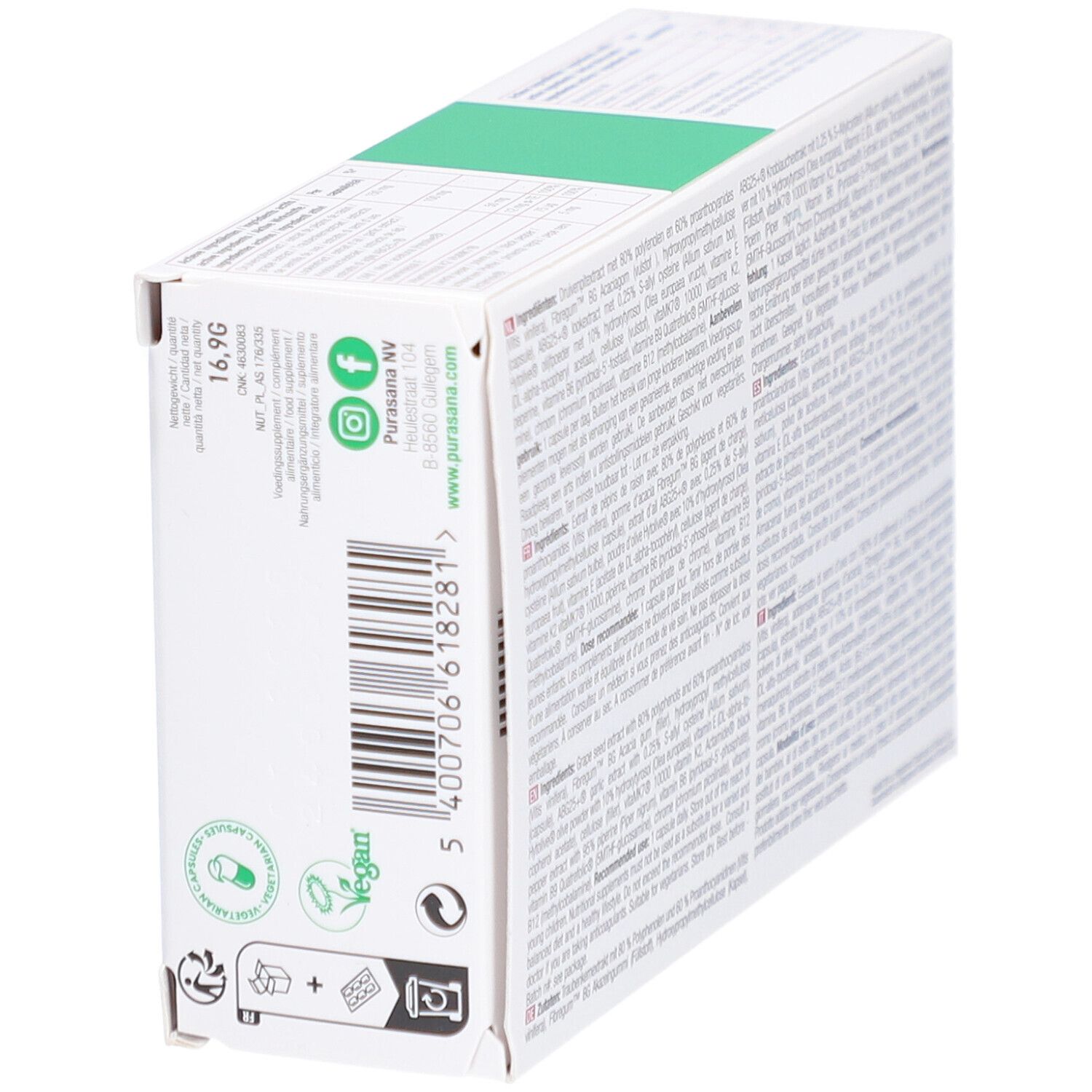 Dos de la boîte PuraCardio avec code-barres, coordonnées et labels environnementaux.