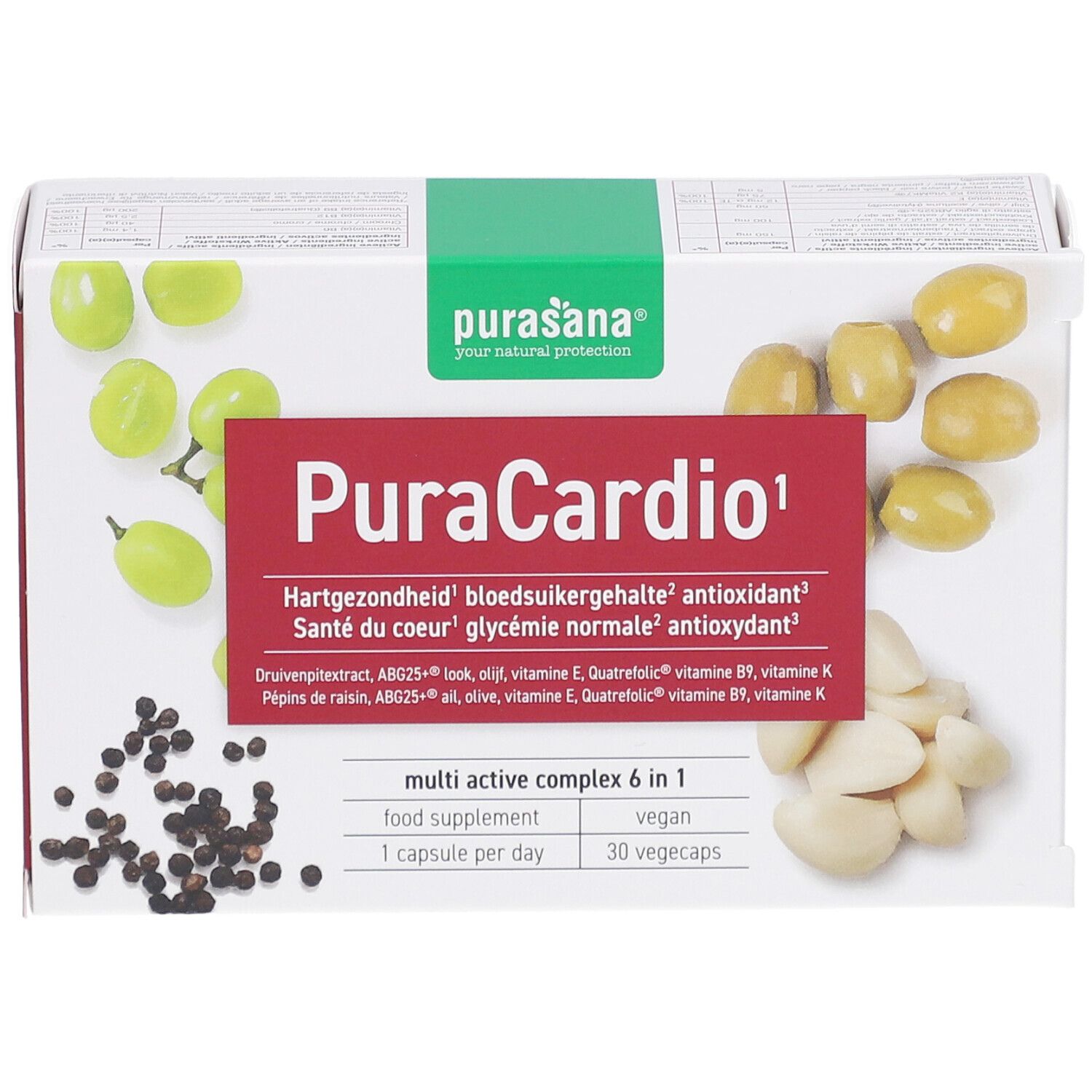 Boîte PuraCardio avec logo, raisins, olives, ail et poivre. 30 gélules, 1 par jour.