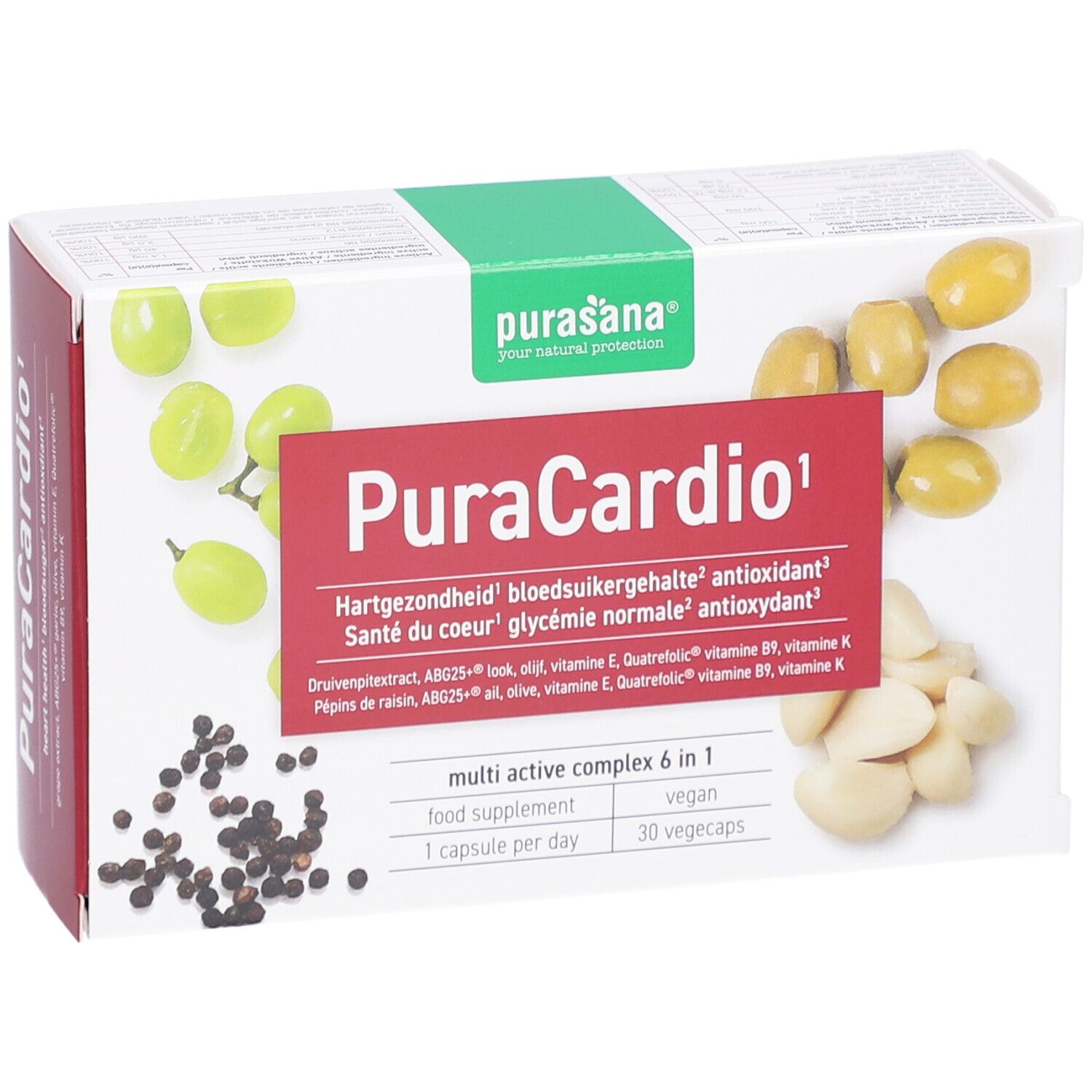 Boîte PuraCardio avec logo, raisins, olives, ail et poivre. 30 gélules, 1 par jour.
