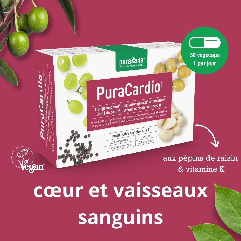 Boîte PuraCardio avec logo, raisins, olives, ail et poivre. 30 gélules, 1 par jour.