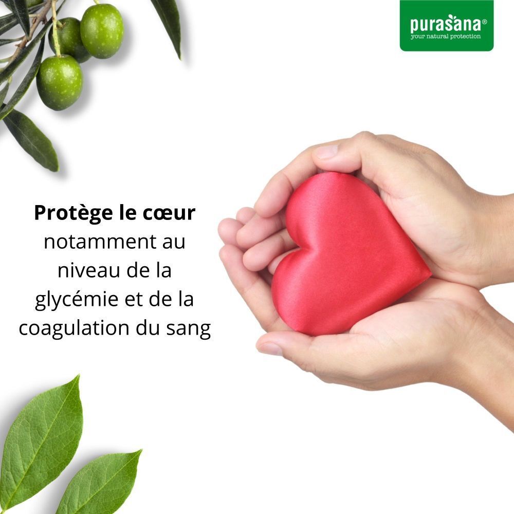 Mains tenant un cœur rouge. Texte: Protège le cœur, notamment glycémie et coagulation.