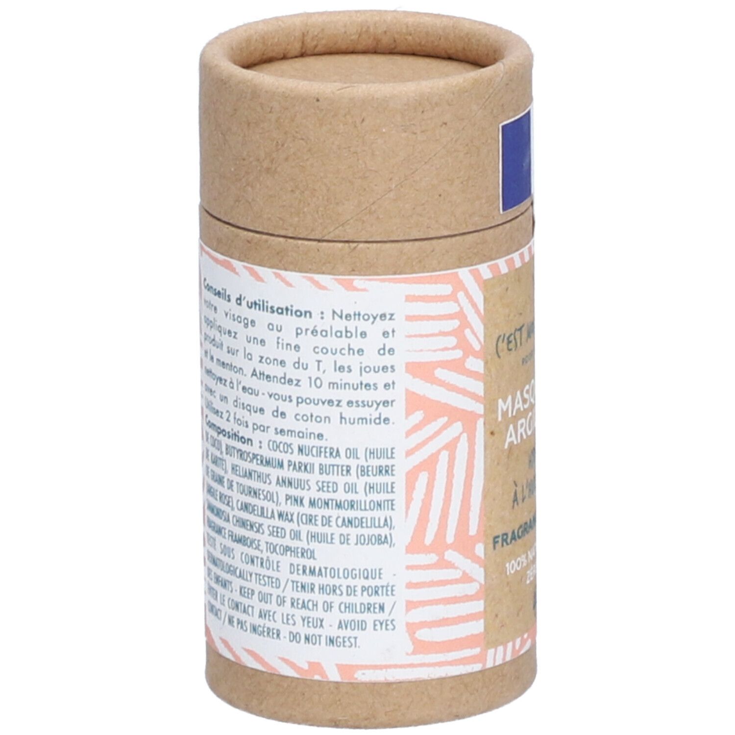 Zylindrische Verpackung. Aufschrift: Inhaltsstoffe, Anwendungshinweise. Rückseite mit Text.