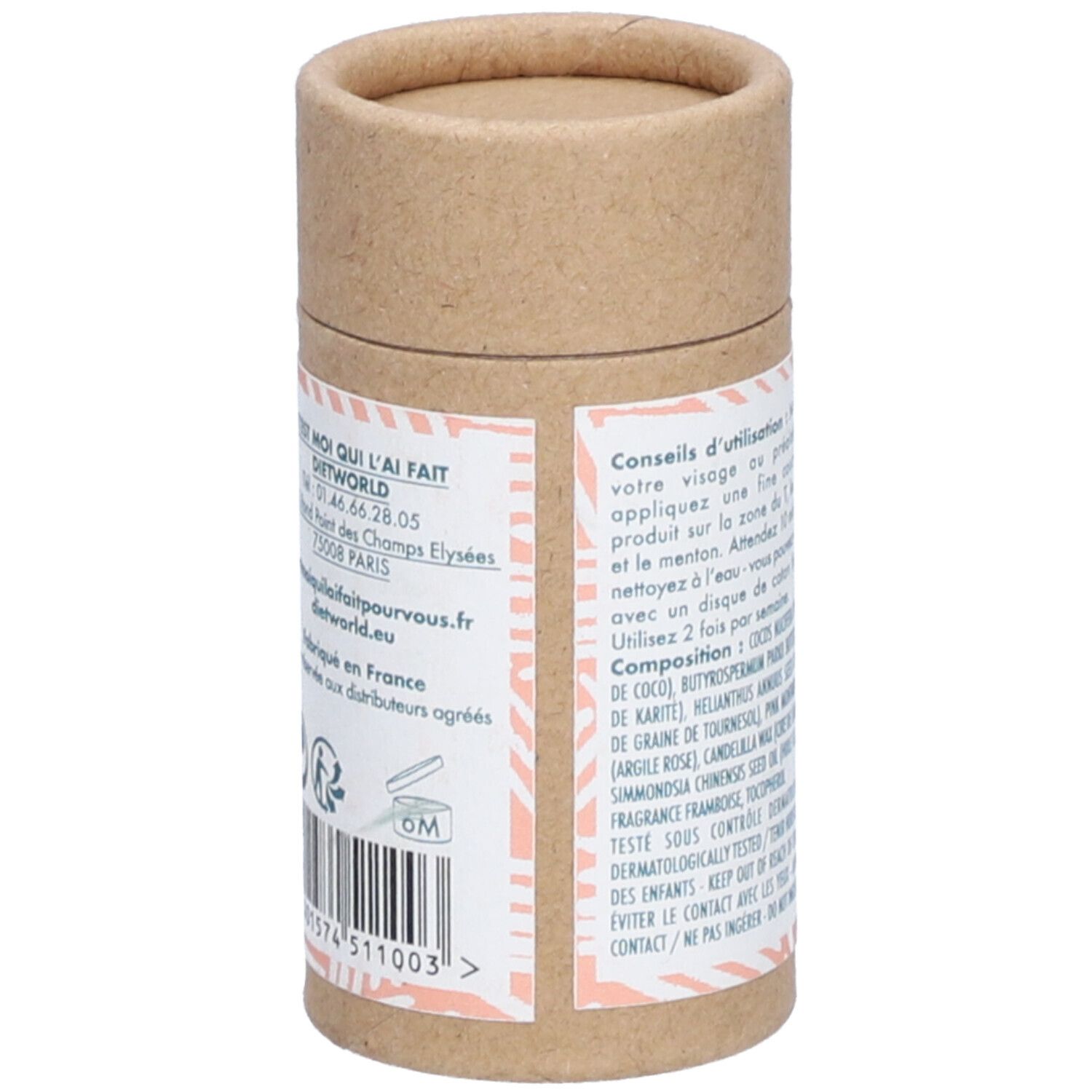 Zylindrische Verpackung. Aufschrift: Kontaktinformationen, Barcode, 6M-Symbol.
