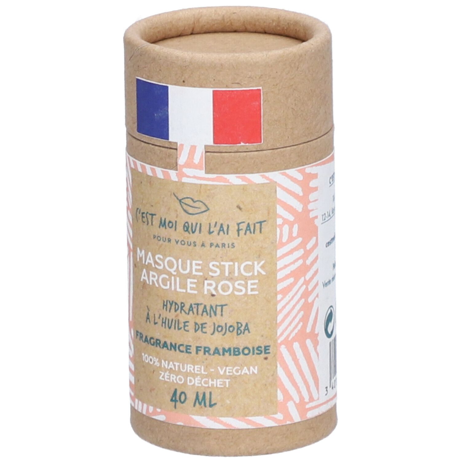 Zylindrische Verpackung mit französischer Flagge. Aufschrift: Masque Stick Argile Rose, 40 ml.
