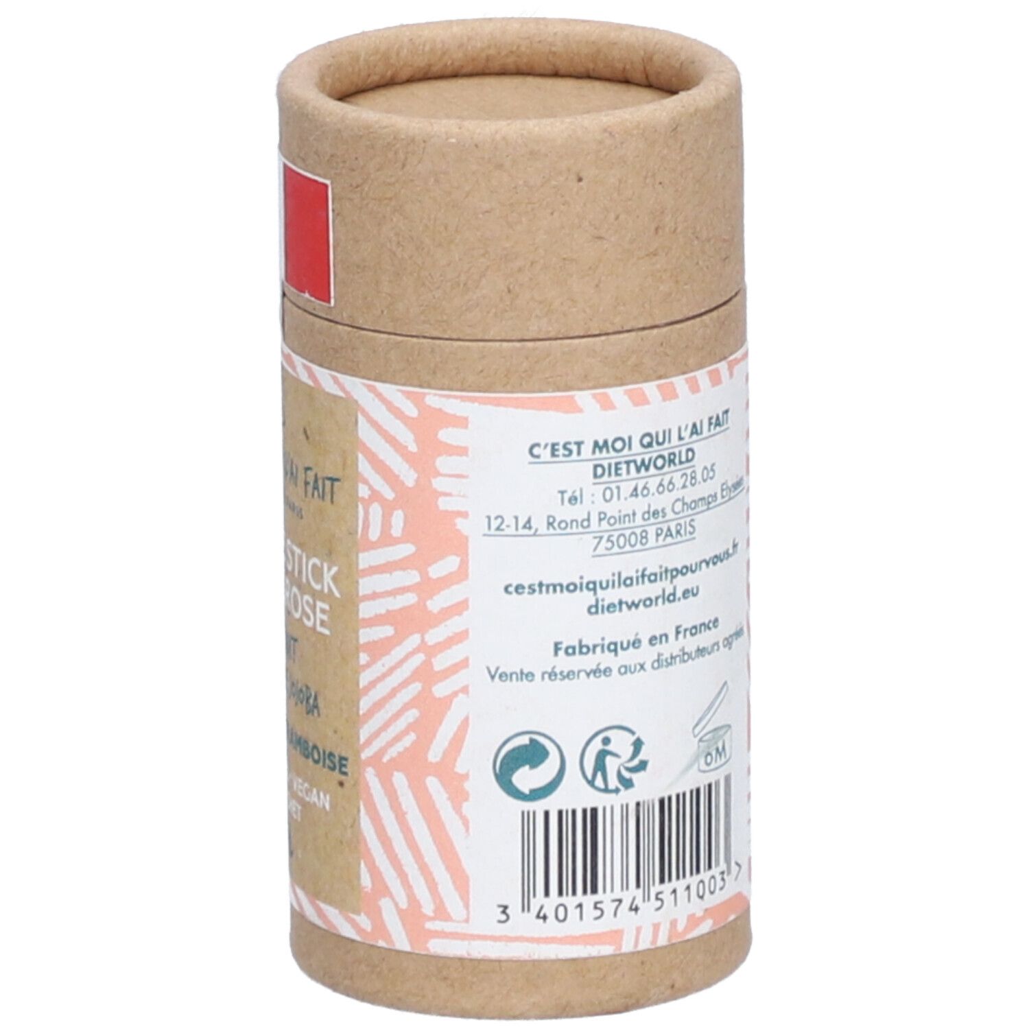 Zylindrische Verpackung. Aufschrift: Kontaktinformationen, Barcode, 6M-Symbol.