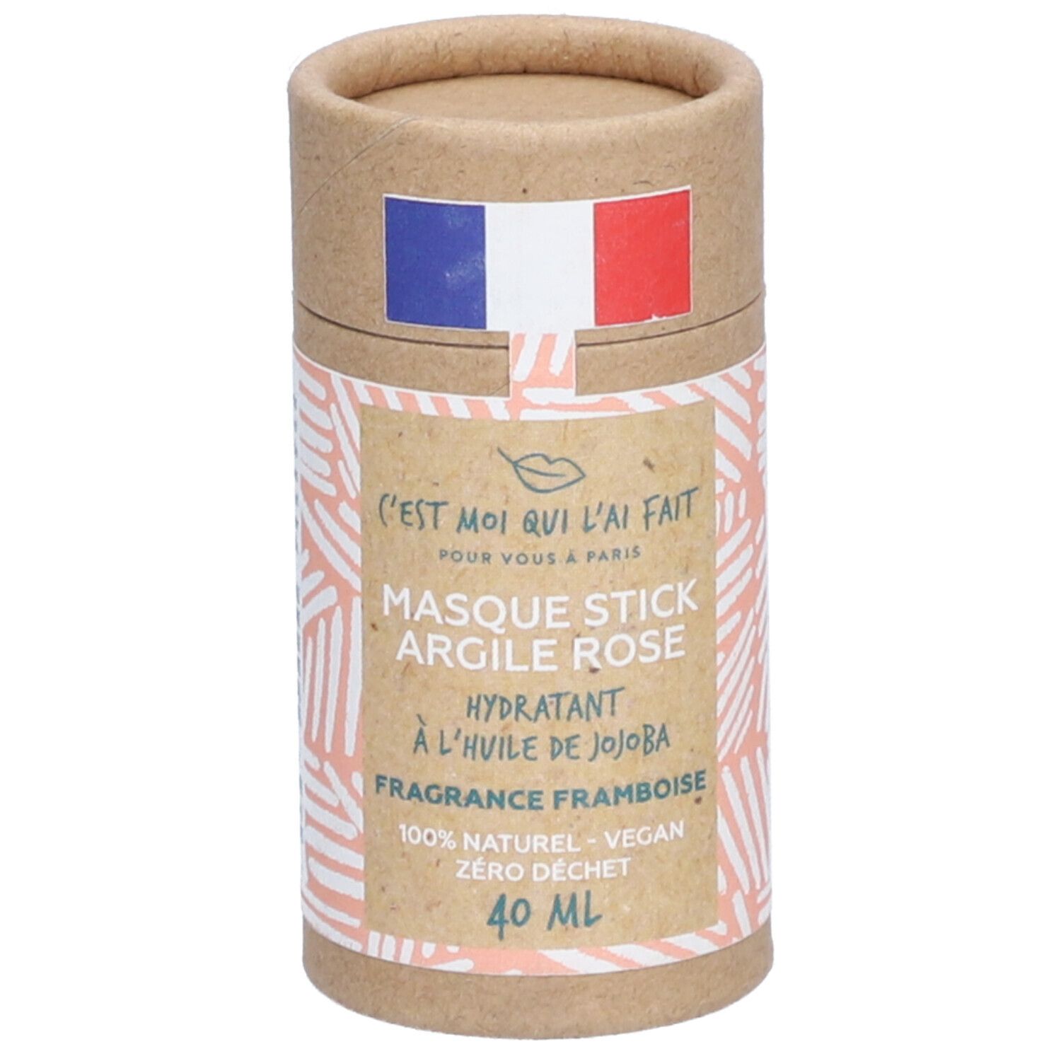 Zylindrische Verpackung mit französischer Flagge. Aufschrift: Masque Stick Argile Rose, 40 ml.