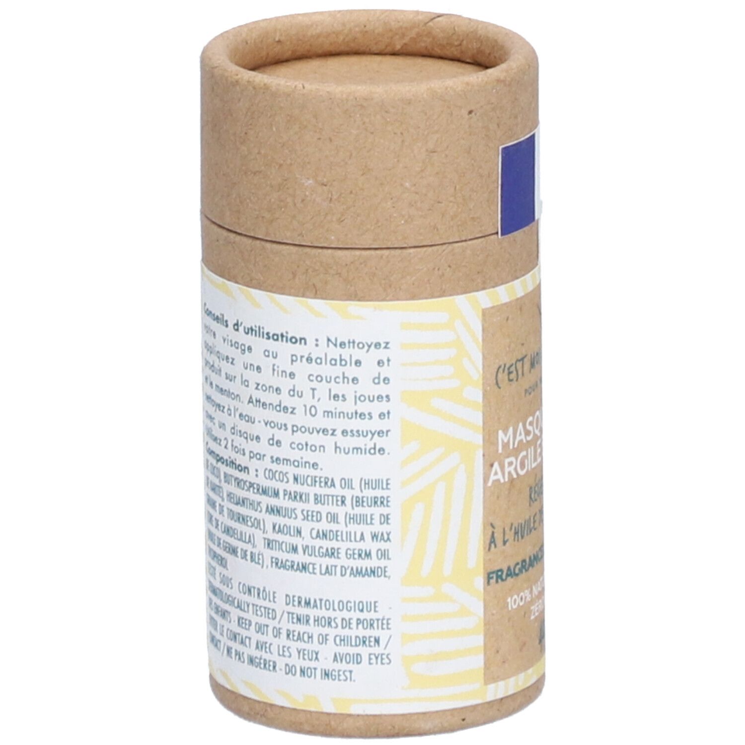 Zylindrische Verpackung, Rückseite mit Text. Enthält Informationen zur Anwendung und Inhaltsstoffe.