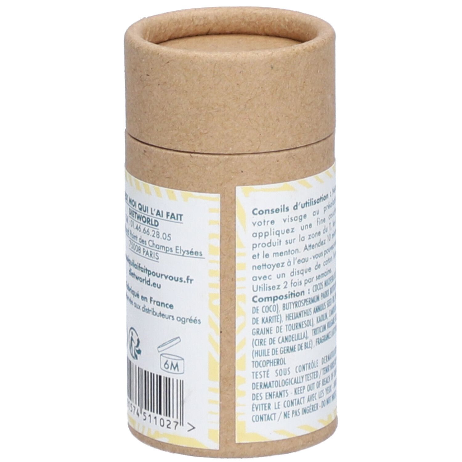 Zylindrische Verpackung, Rückseite mit Text. Enthält Informationen zur Anwendung und Inhaltsstoffe.