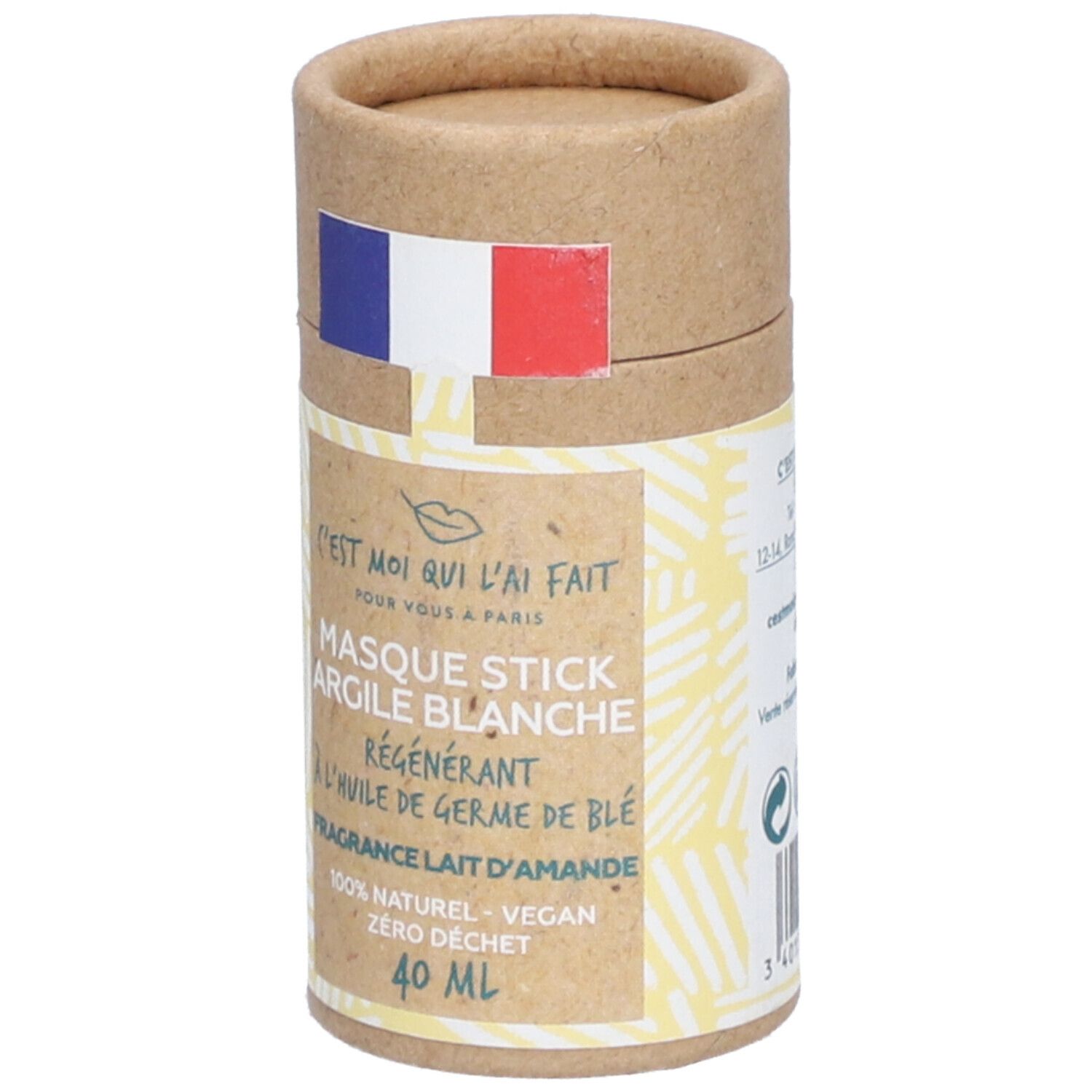 Zylindrische Verpackung mit französischem Logo. Aufschrift: Masque Stick Argile Blanche, 40 ml.