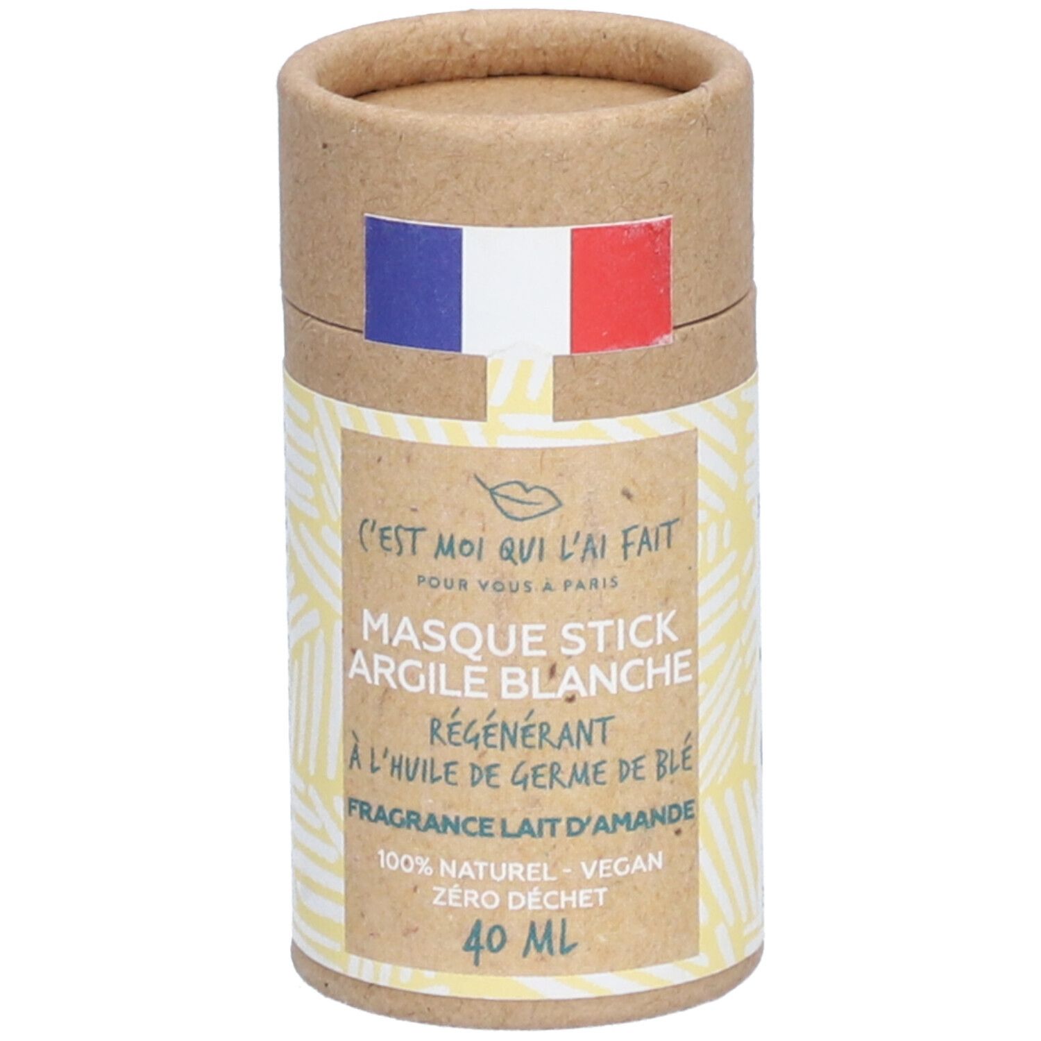 Zylindrische Verpackung mit französischem Logo. Aufschrift: Masque Stick Argile Blanche, 40 ml.