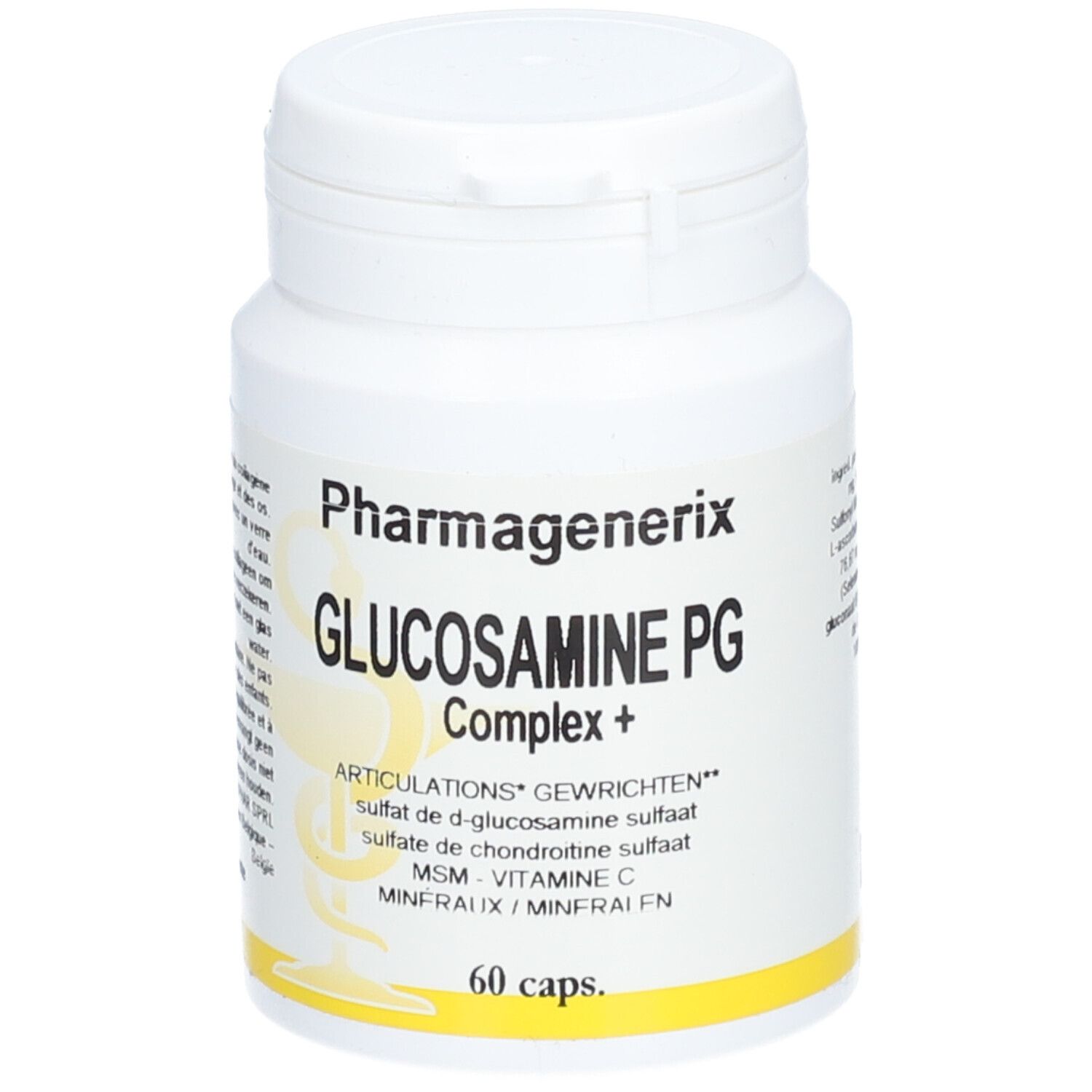 Flacon blanc Pharmagenerix Glucosamine PG Complex+. 60 capsules. Bande jaune en bas.