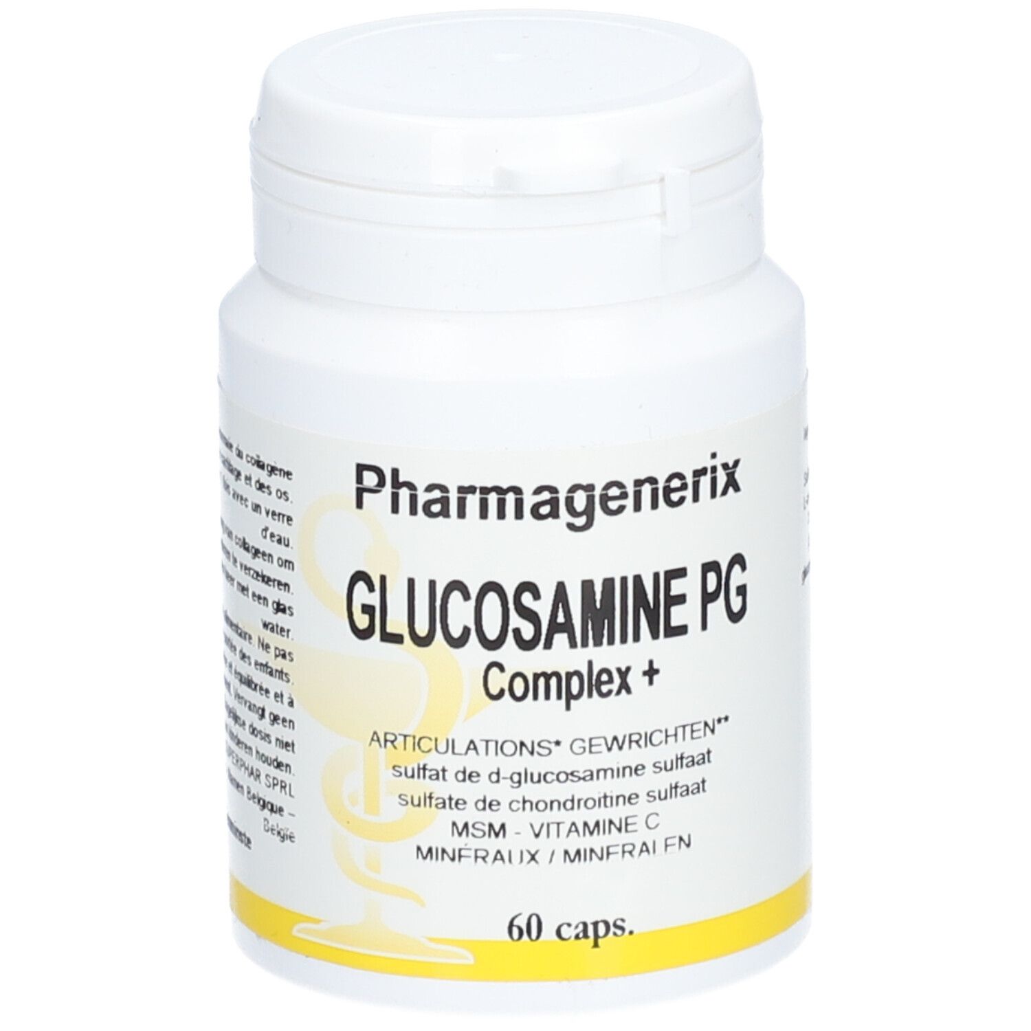 Flacon blanc Pharmagenerix Glucosamine PG Complex+. 60 capsules. Bande jaune en bas.