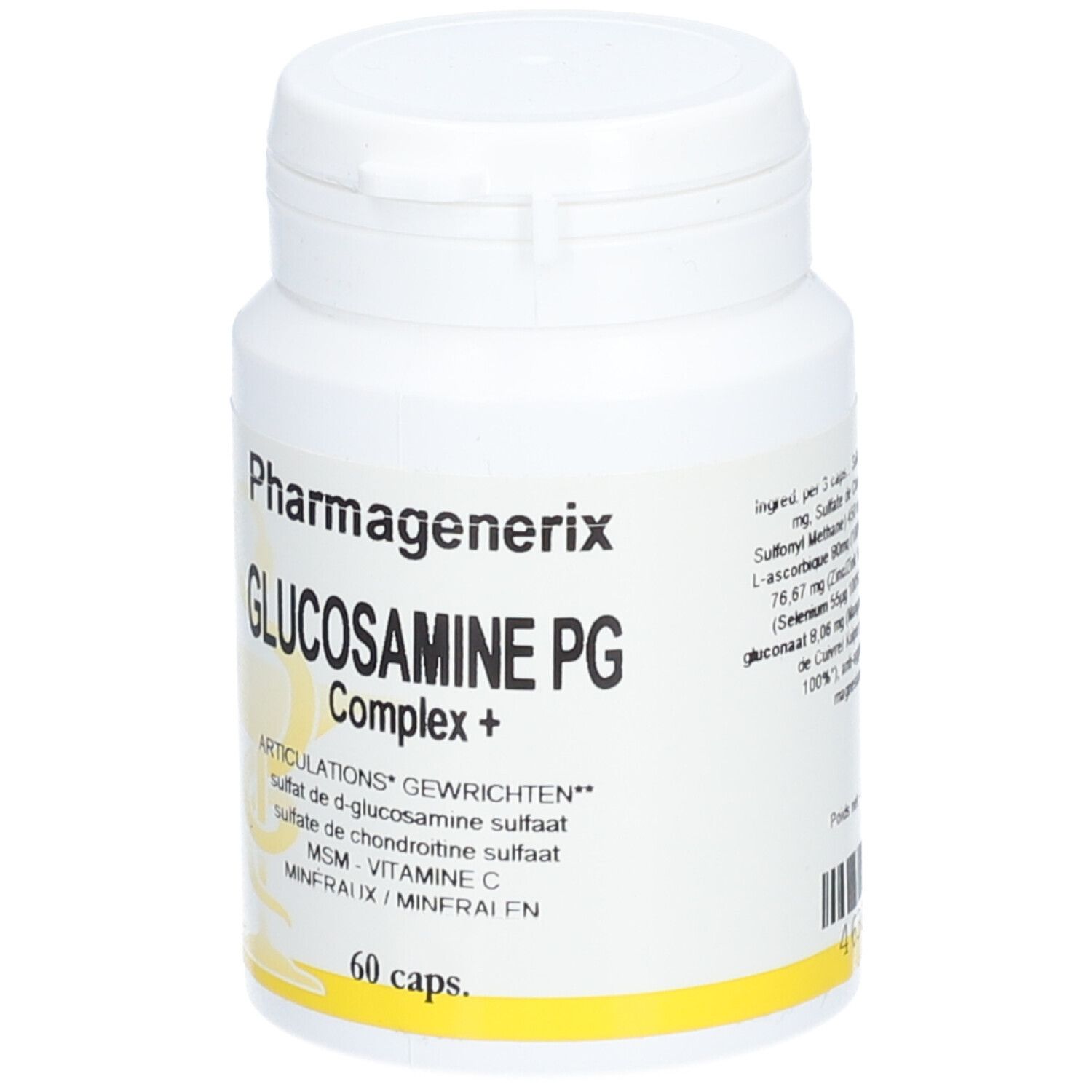 Flacon blanc Pharmagenerix Glucosamine PG Complex+. 60 capsules. Bande jaune en bas.