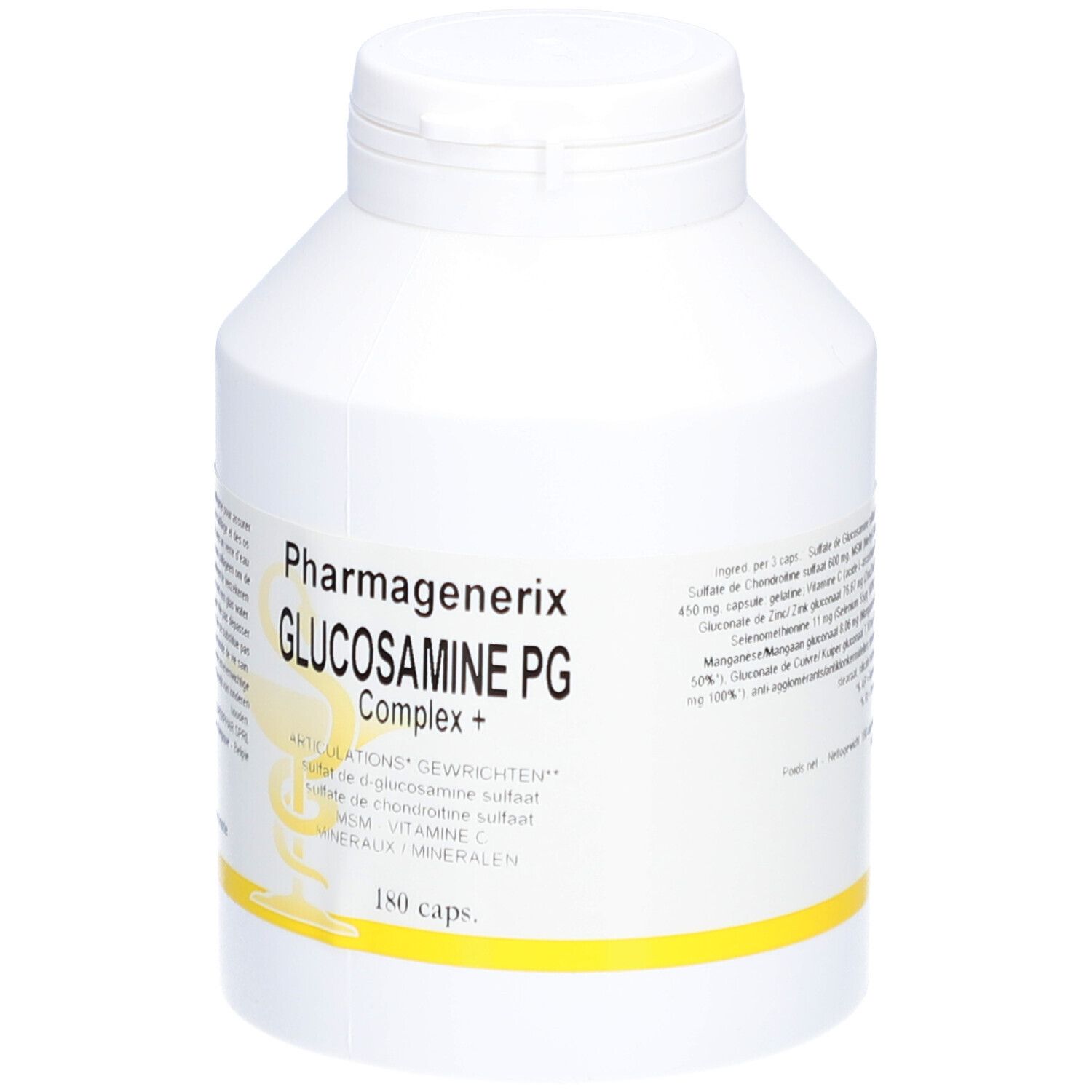 Flacon blanc à bande jaune. Inscription: Pharmagenerix Glucosamine PG Complex+. 180 capsules.