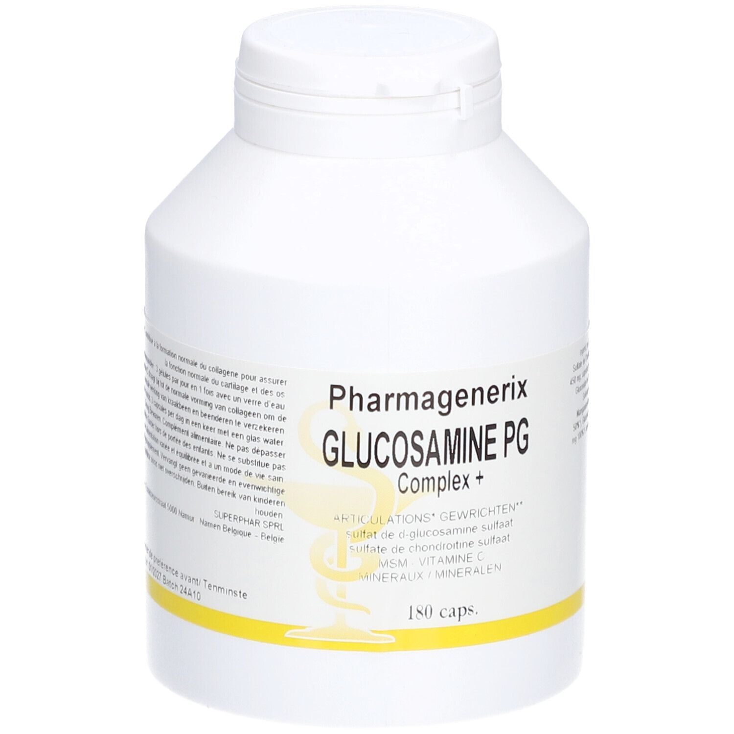 Flacon blanc à bande jaune. Inscription: Pharmagenerix Glucosamine PG Complex+. 180 capsules.