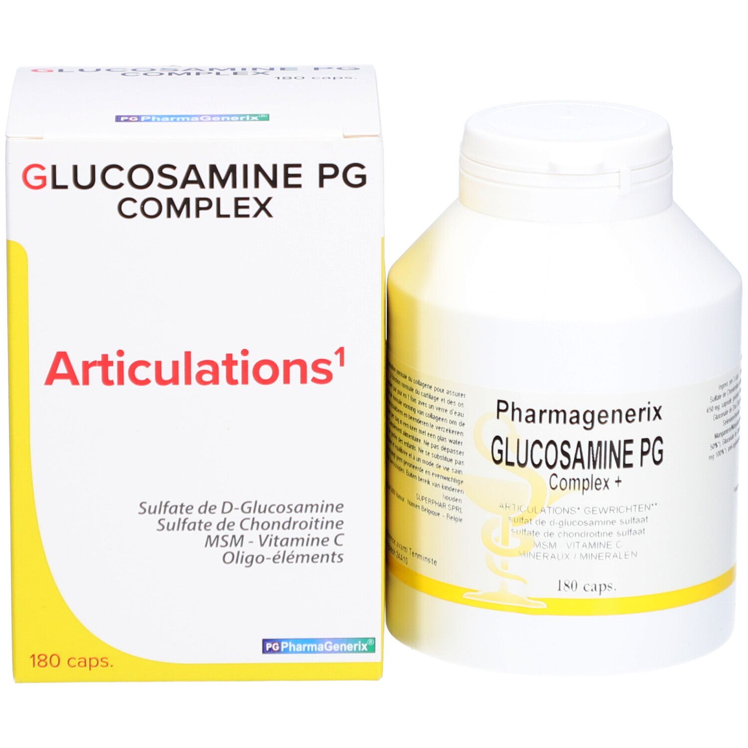 Flacon blanc et boîte. Inscription: Glucosamine PG Complex. 180 capsules. Articulations.