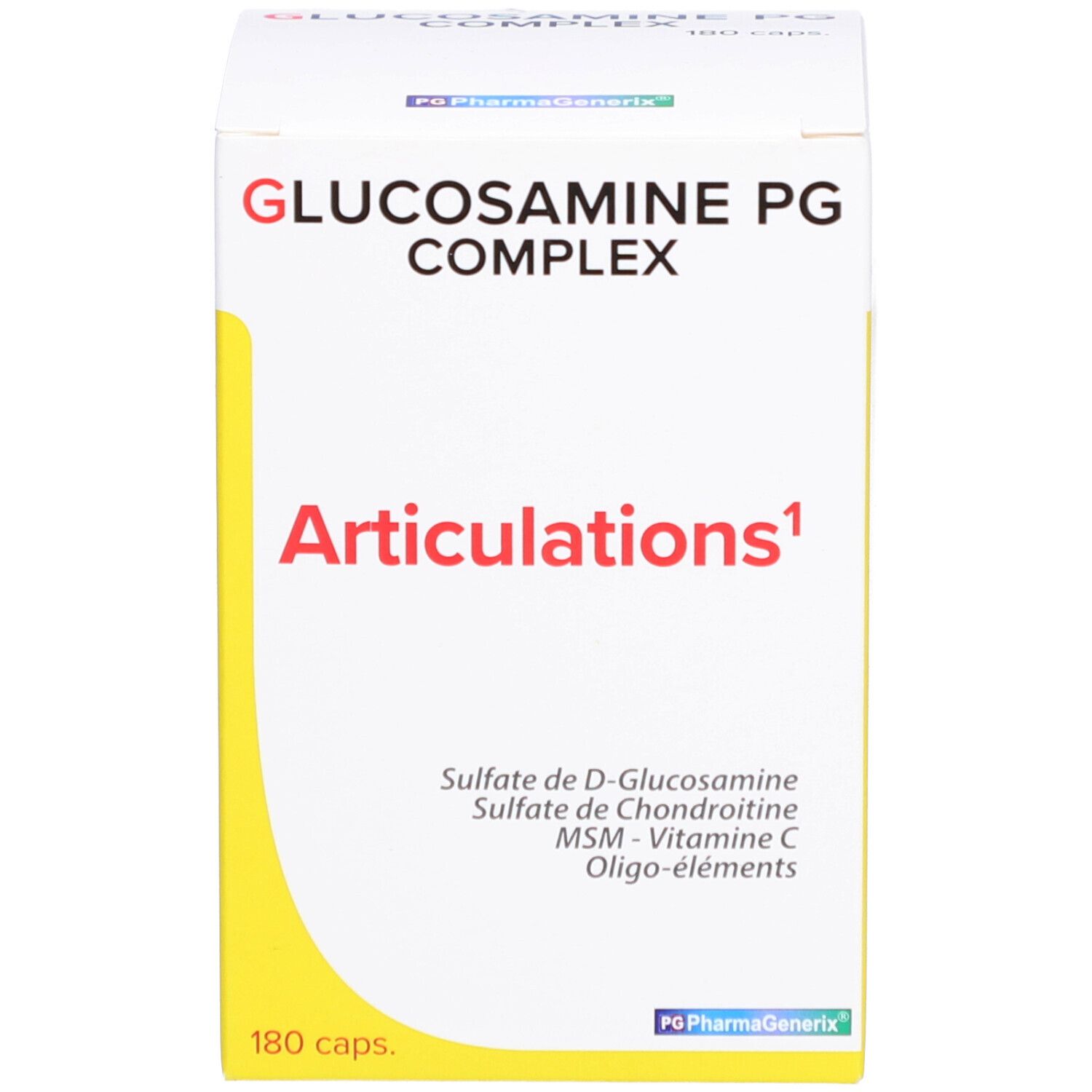 Boîte blanche à bande jaune. Inscription: Glucosamine PG Complex. 180 capsules. Articulations.