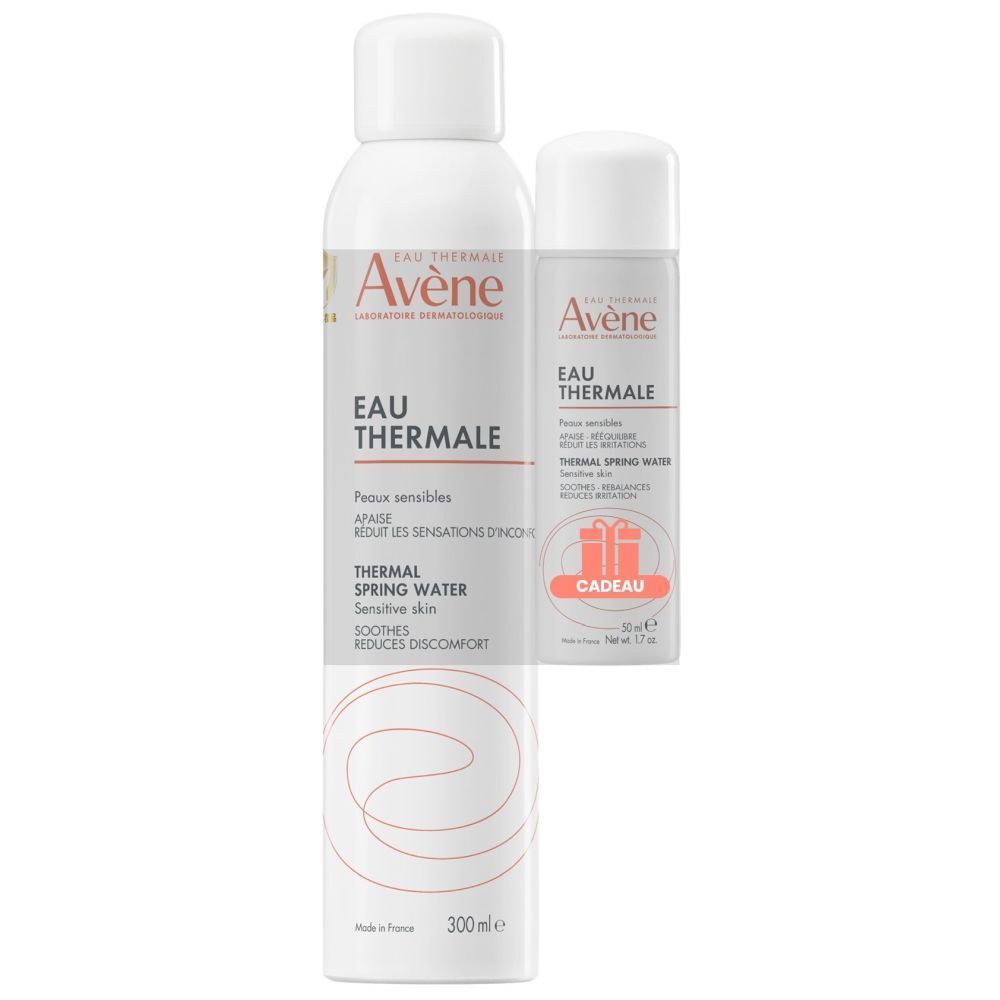 Twee witte sprays, Avène Eau Thermale. Een grote en een kleine spray. Op de kleine spray staat "CADEAU".